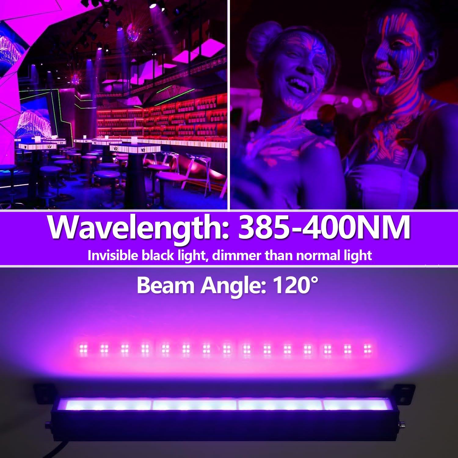 38W LED Black Light Bar - 2 Pack UV Blacklight for Glow Party, Halloween, Game Room & Body Paint - 120° Wide Beam Angle with Switch & Plug - Perfect for Nightclubs, Bedroom Decor & Neon Themed Events