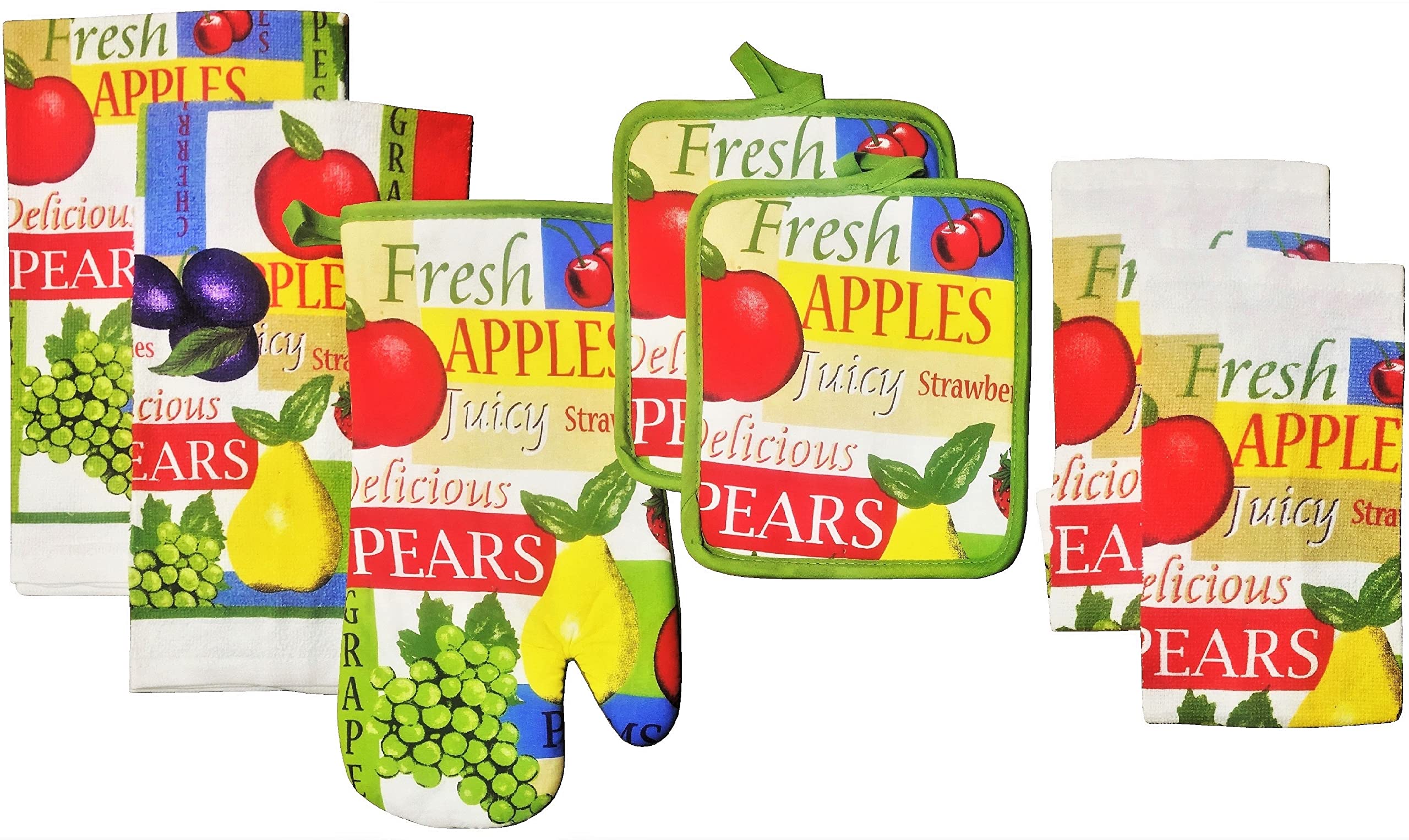 Premium 7-Piece Kitchen Set - 2 Cotton Kitchen Towels, 1 Heat-Resistant Oven Mitt, 2 Pot Holders & 2 Absorbent Dishcloths (Fruit Colors) - Perfect for Cooking, Baking & Kitchen Decor
