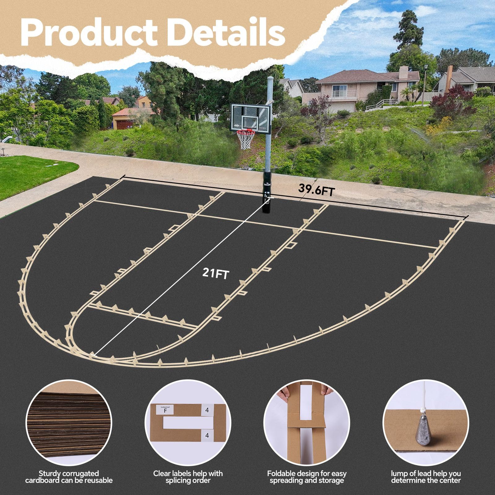 Foldable Basketball Court Stencil Kit - Reusable for Concrete, Asphalt, Tiles - Perfect for Driveway & Backyard Sports