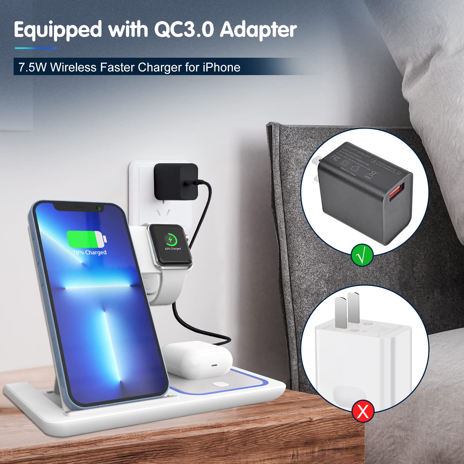 3-in-1 Fast Wireless Charging Station for iPhone 13/12/11/Pro/X/SE/8 Plus & Apple Watch Series 6/5/4/3/2 & AirPods - 18W Qi-Certified Charger Stand Dock | Perfect for Bedside, Office Desk, and Travel Charging