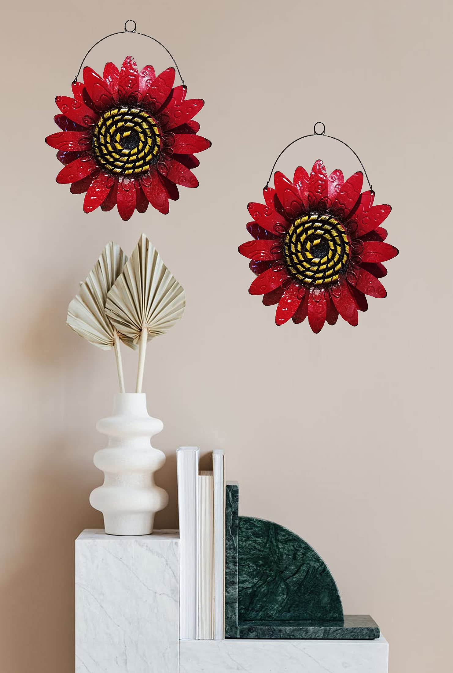 Metal Sunflower Wall Decor Set of 2 - Red Floral Wall Art with Wire Hanger for Home & Garden - Perfect for Living Room, Bedroom, Kitchen, Bathroom, Outdoor Patio & Garden Decor