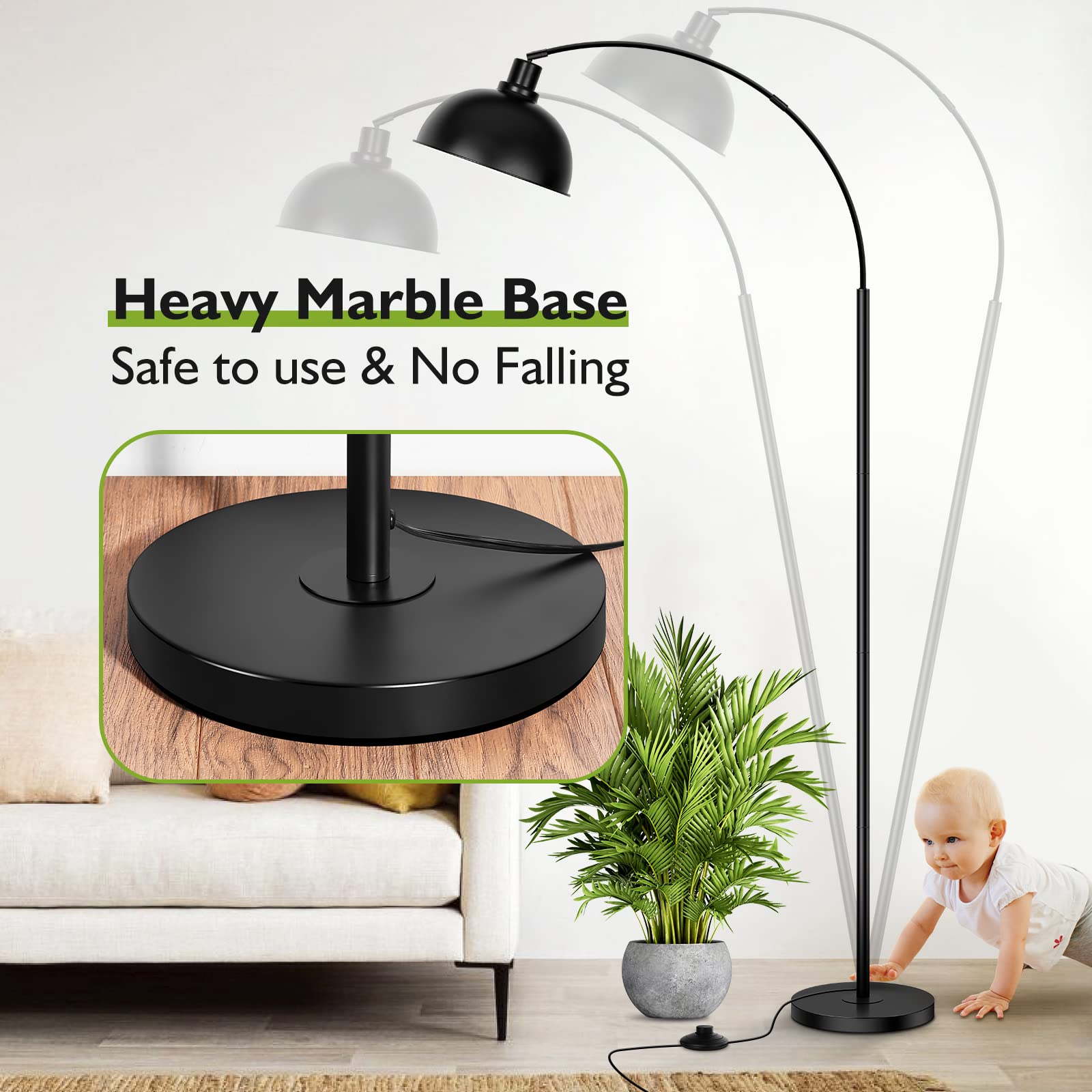 Modern Black Arc Floor Lamp with Remote Control - Stepless Dimmable Standing Lamp with Hanging Dome Shade for Living Room & Bedroom - Over Couch Arched Reading Light (Bulb Included) | Perfect for Cozy Reading Nooks, Sofa Lighting & Bedside Illumination