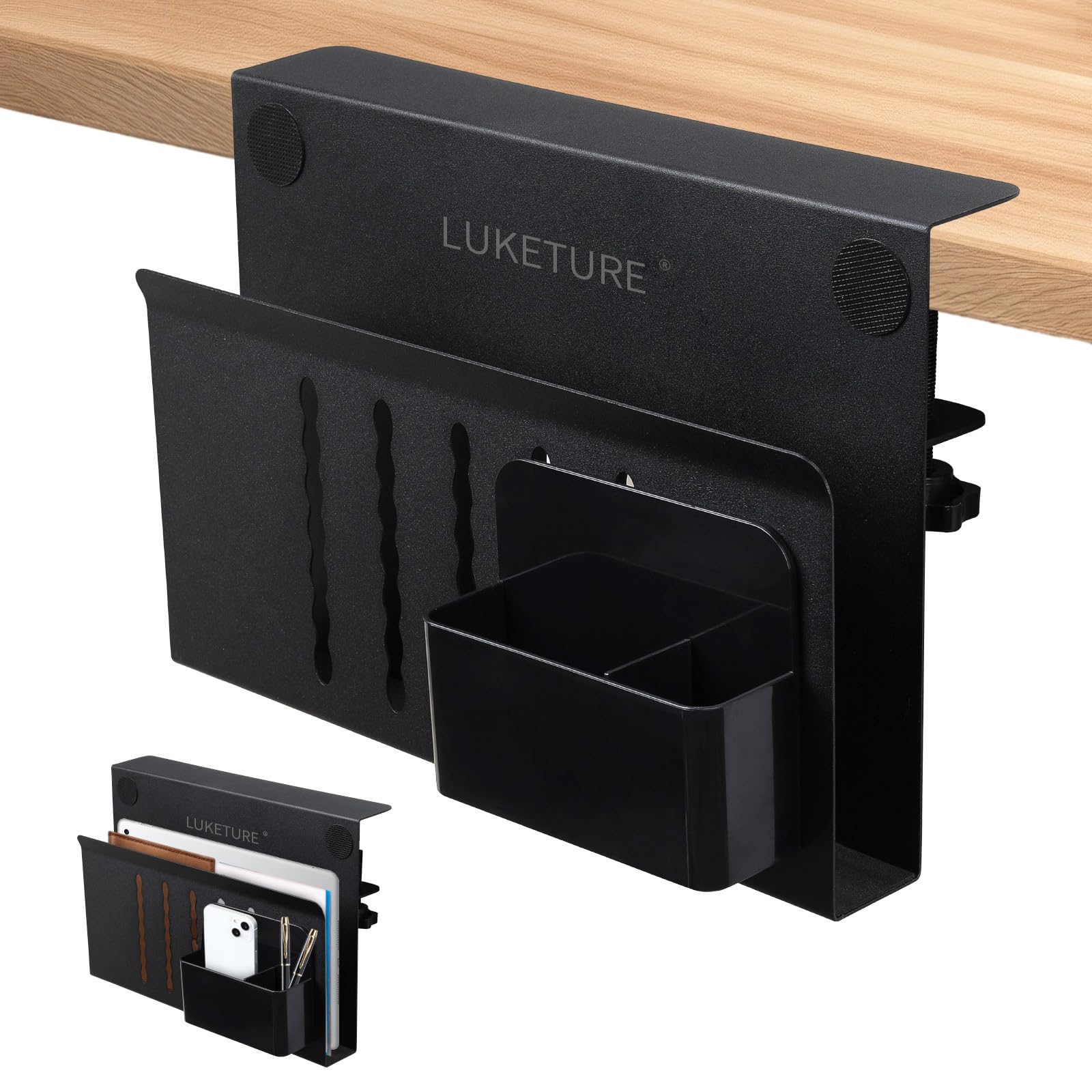 LUKETURE Steel Desk Side Organizer - No Drill Laptop Holder & Clamp-On Mount with Pen Storage, Fits Flat Edge Tables 0.3