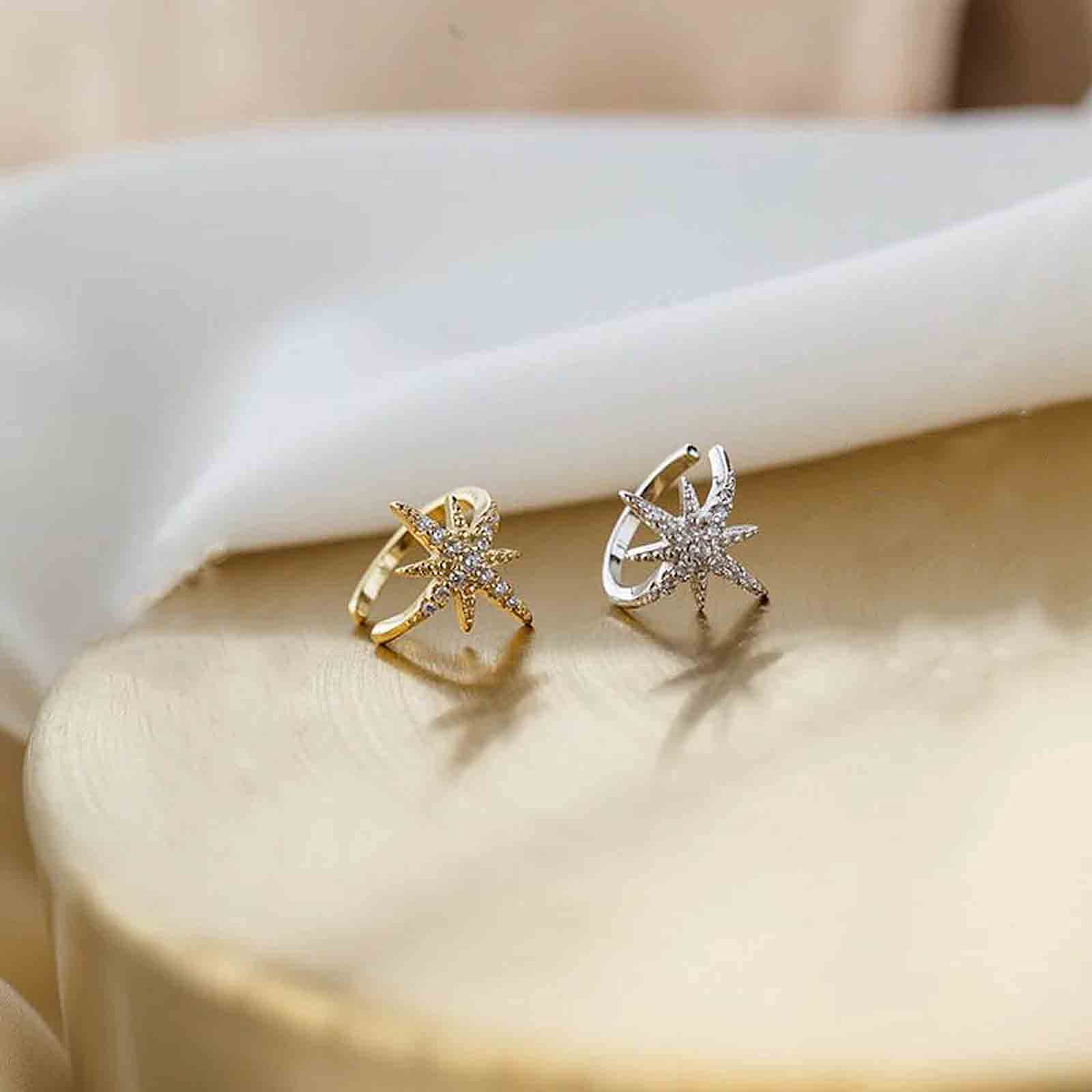 Boho Crystal North Star Ear Cuff - Gold Rhinestone Starburst Clip-On Earrings for Women & Girls | Non-Pierced CZ Jewelry | Perfect for Parties, Weddings & Festivals