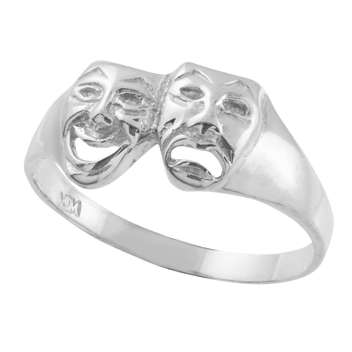14K White Gold Comedy and Tragedy Theater Mask Ring - Elegant High Polish Drama Jewelry for Actors, Performers, and Theater Lovers