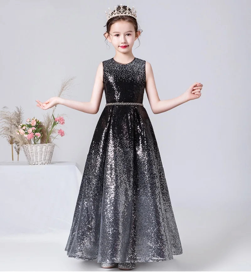 Sparkly O Neck Flower Girl Dress with Sequins - Elegant Long Formal Party Gown for Weddings, Pageants & Special Occasions