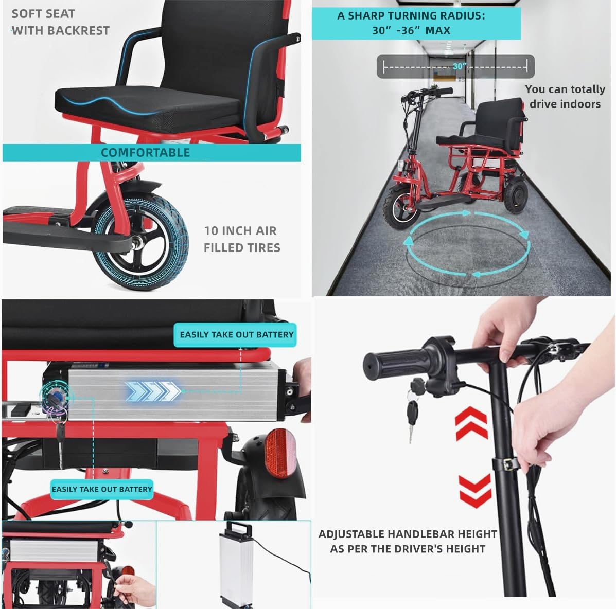 3-Wheel Folding Electric Mobility Scooter for Adults & Seniors - Lightweight Travel Scooter with Basket, 300lb Weight Capacity, 20-Mile Range (Red) - Perfect for Shopping, Travel & Outdoor Activities