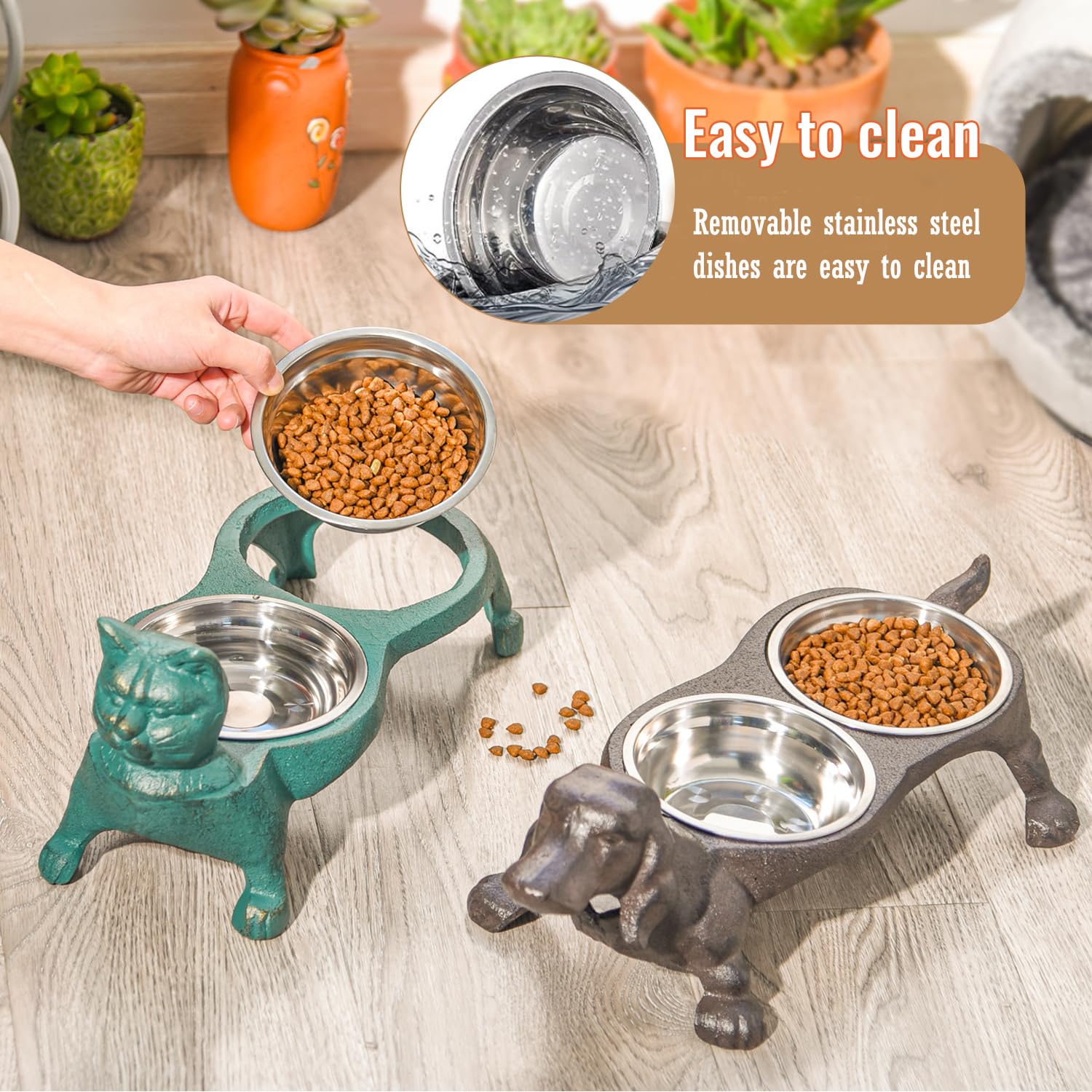 Sungmor Raised Cat Bowls - Heavy Duty Non-Slip Cast Iron Stand with 2 Stainless Steel Pet Food & Water Dishes - Elevated Feeder for Cats & Small Dogs - Perfect for Home, Kitchen, or Outdoor Use - 15.2x6.7x5.9 Inch