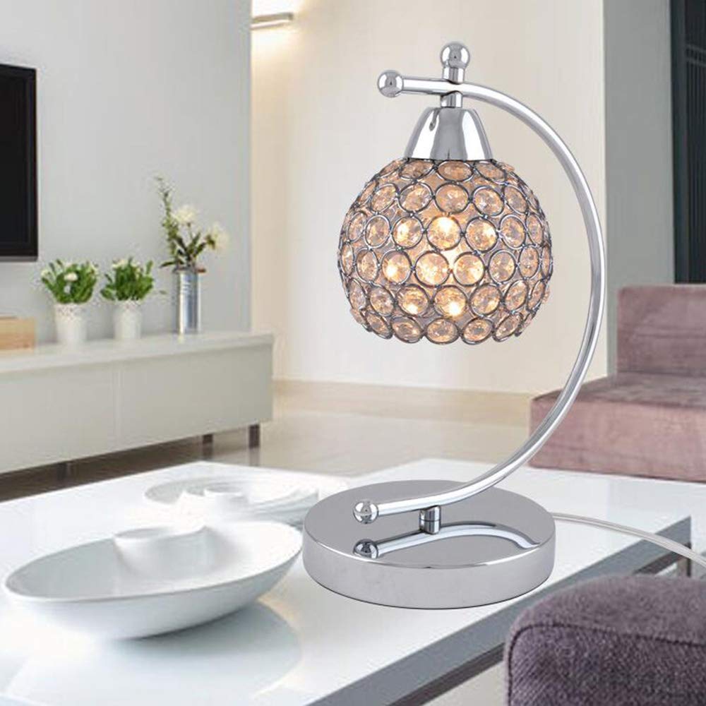 Modern Crystal Table Lamp - Plug in Bedside Lamp with Chrome Silver Finish, E27 Socket & On/Off Switch - Perfect for Nightstand, Desk, Bedroom, Living Room, Office, Dining Room & Hotel Decor