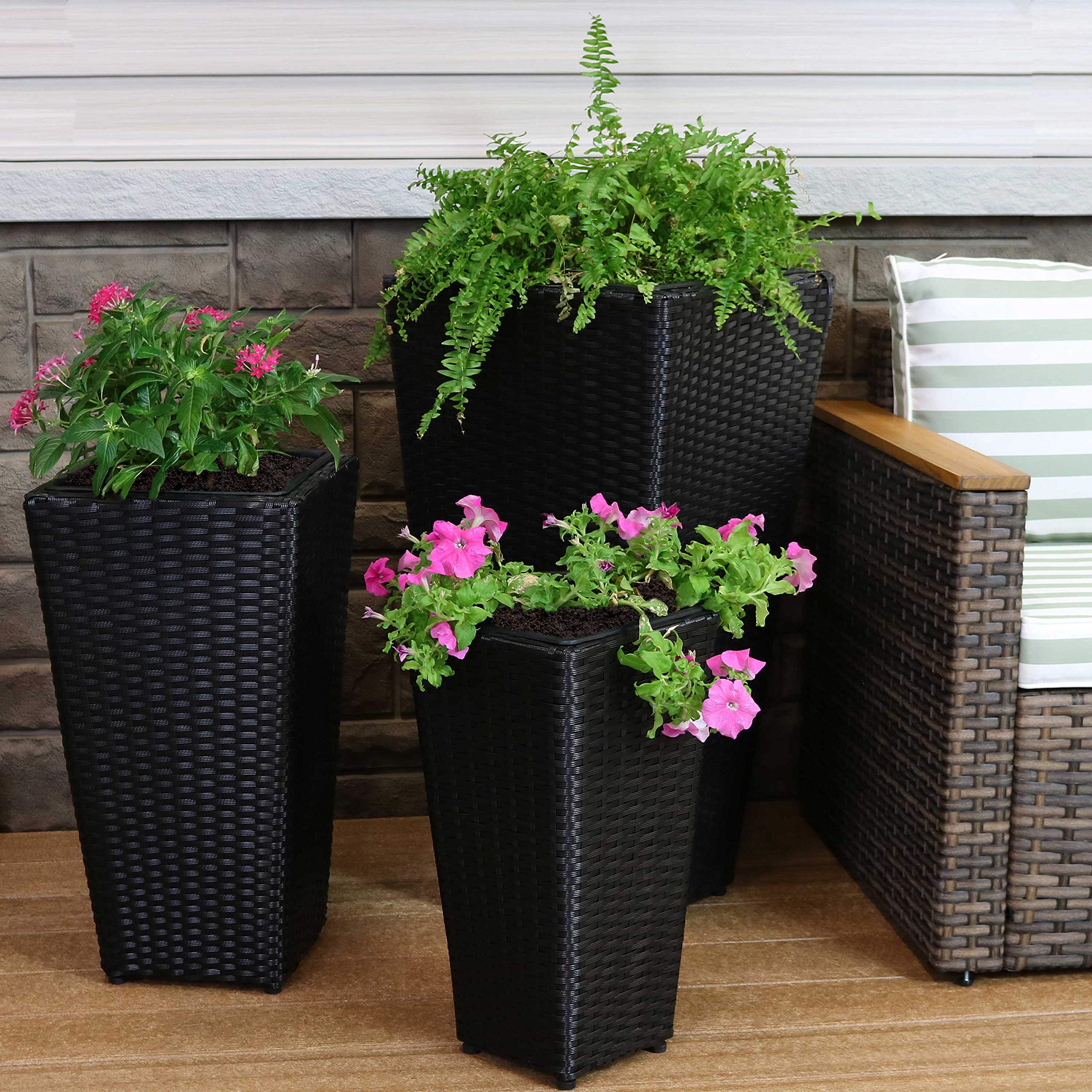 Black Polyrattan Planters with Handles - 3-Piece Set of 9