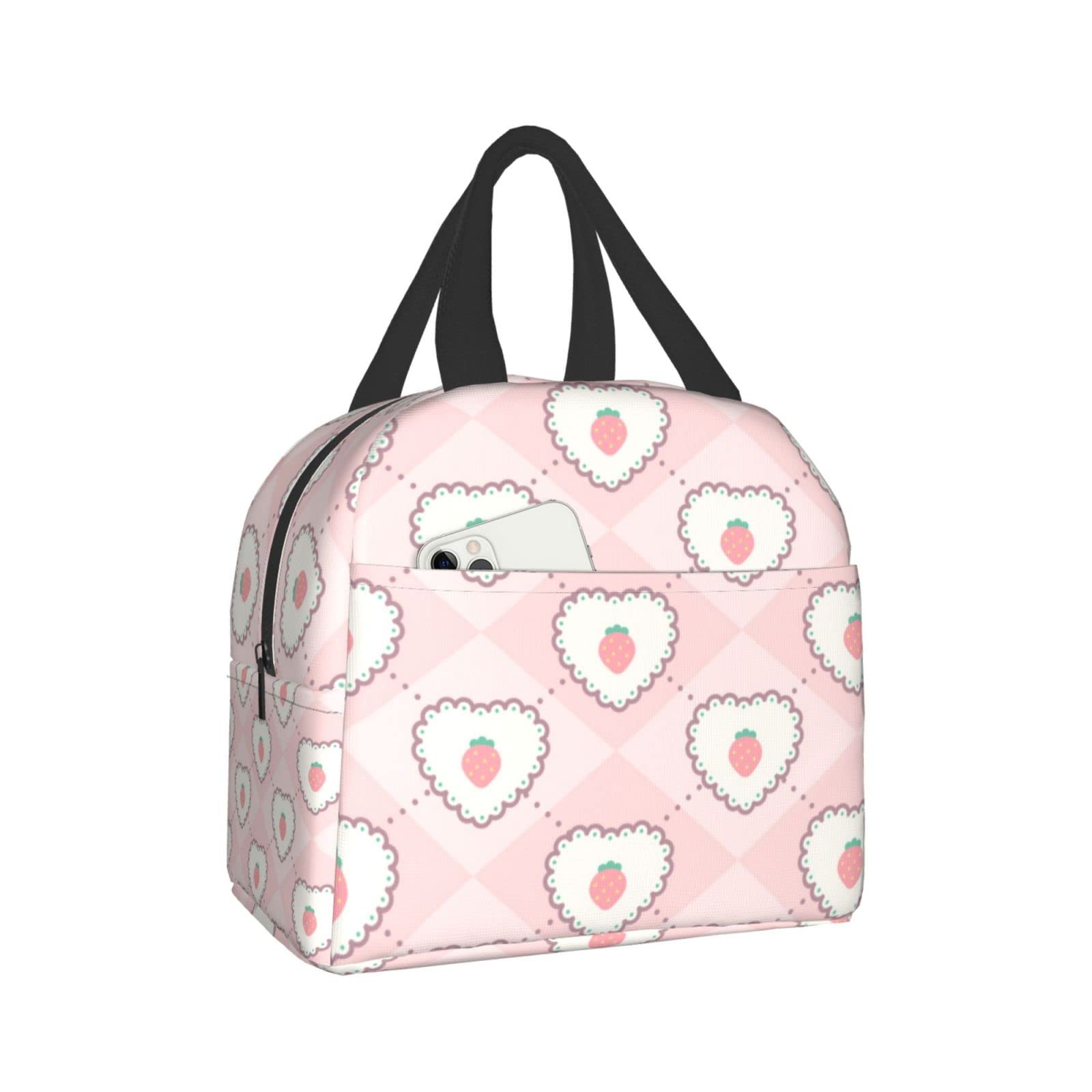 Ucsaxue Aesthetic Pink Strawberries Insulated Lunch Box - Small Kawaii Lunch Bag with Front Pocket for Girls & Boys, Freezable Bento Box for Women & Men | Perfect for School, Work, Picnics & Travel