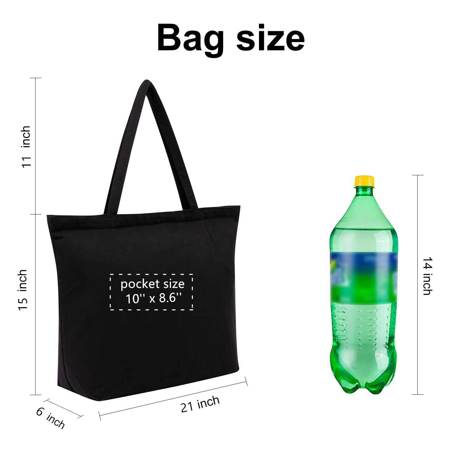 2 Pack 21'' Canvas Tote Bags with Inner Pocket - Reusable Grocery Shopping Cotton Zipper Bag - 12oz DIY Cloth Gift for Women - Perfect for Shopping, Beach, Work & Travel