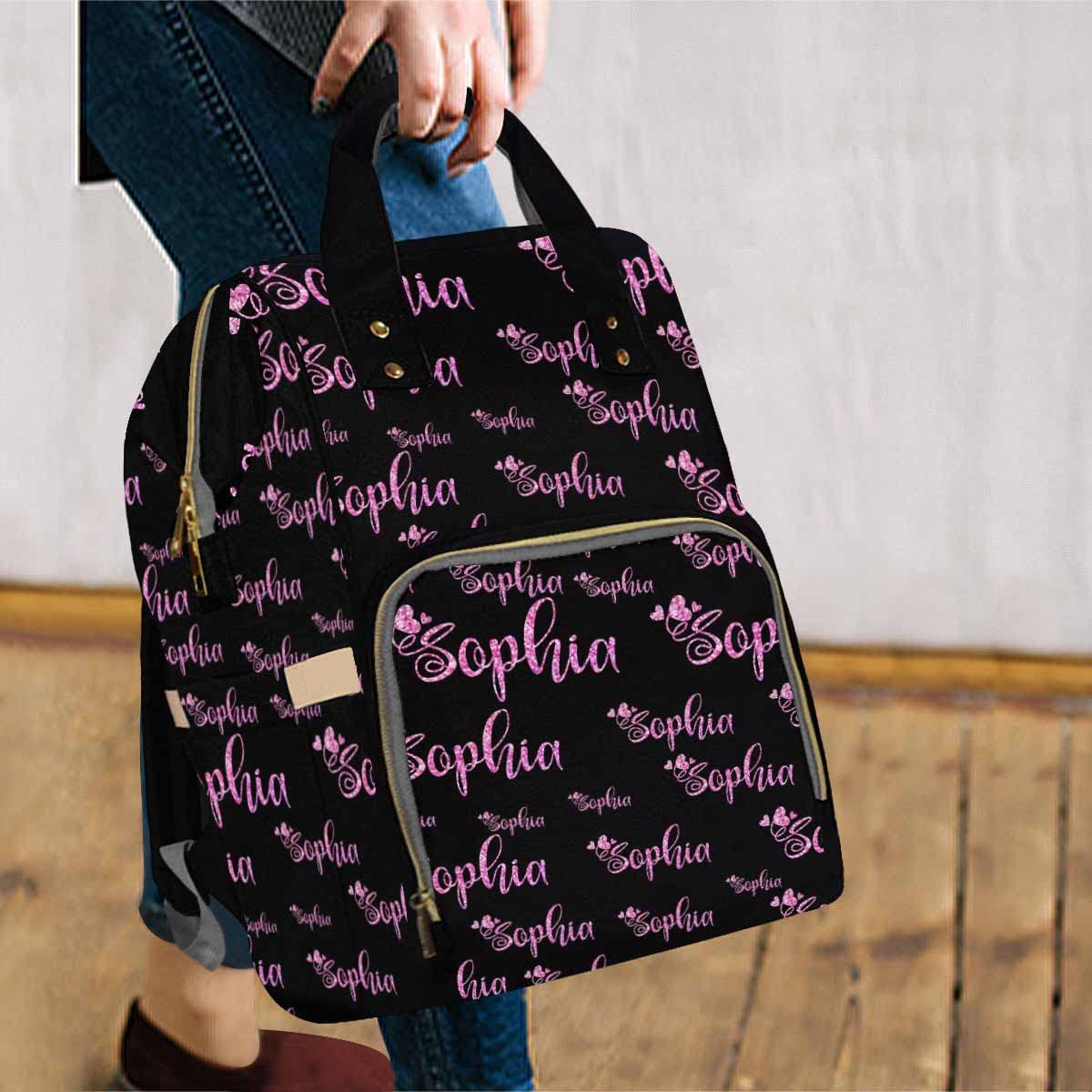 Custom Personalized Diaper Backpack with Name Embroidery - Pink Sparkle Text on Black Baby Nappy Bag for Moms & Dads | Multifunctional Travel Backpack, Daypack & Shoulder Bag for Parenting, Outings & Family Trips