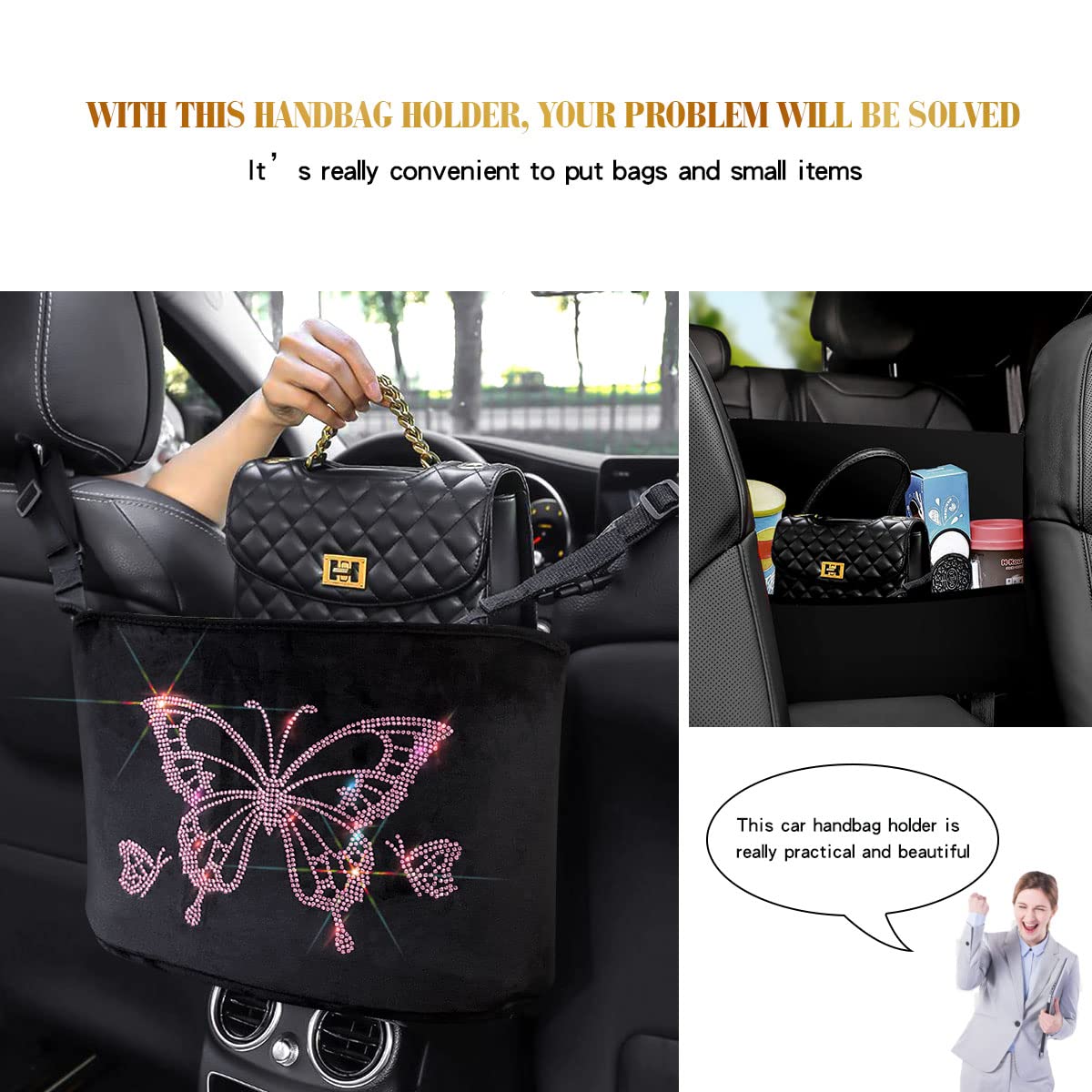 Pink Car Handbag Holder & Backseat Organizer - Car Net Pocket for Purse Storage Between Seats | Perfect for Road Trips, Commuting & Keeping Your Car Tidy