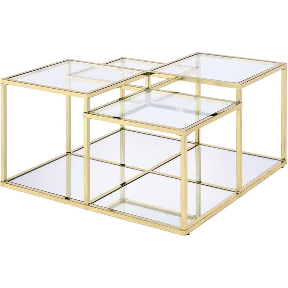Acme Uchenna Modern Glass Top Coffee Table with Sturdy Metal Frame - Clear Tempered Glass & Gold Finish - Perfect for Living Room, Lounge & Office Decor