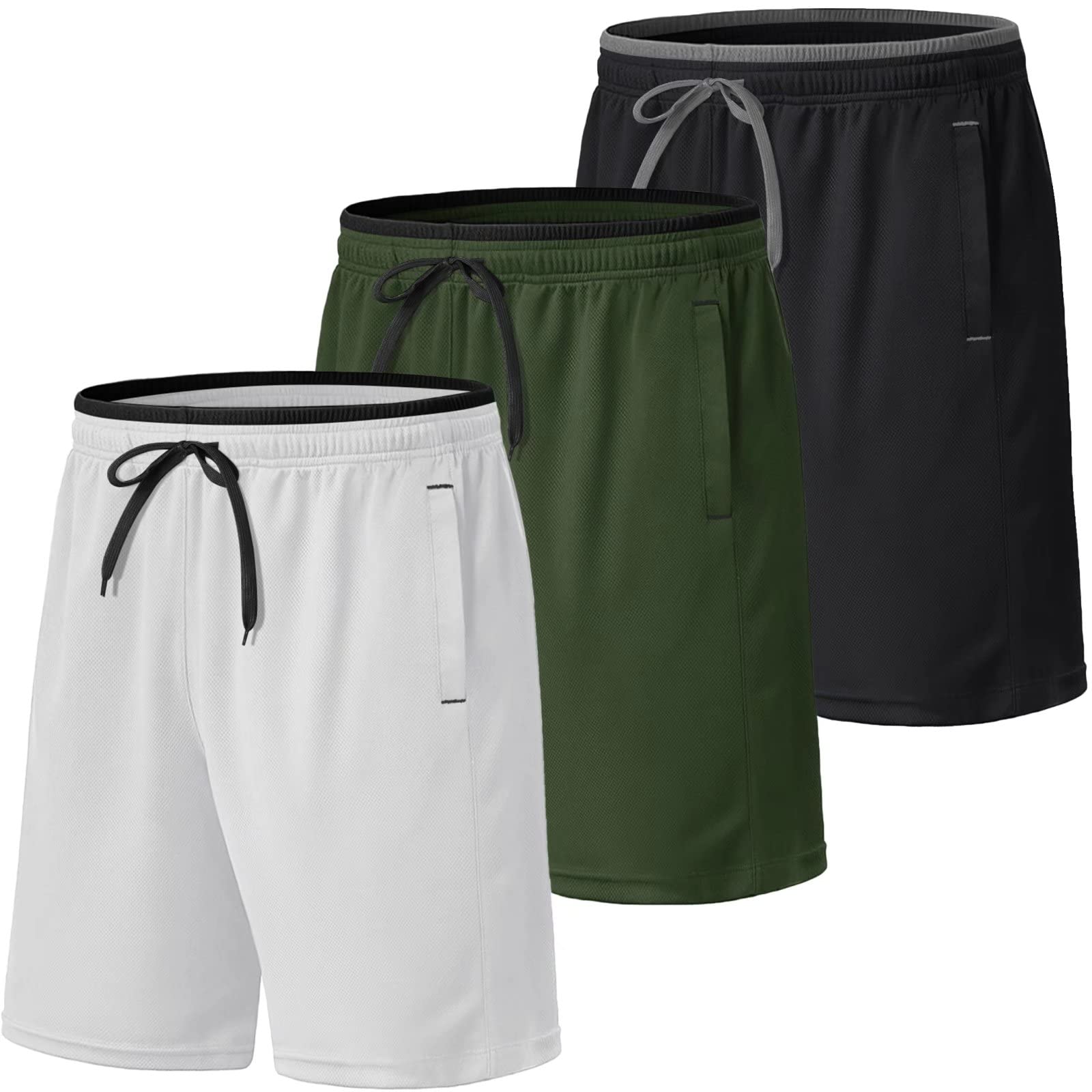 MAGCOMSEN 3 Pack Men's Athletic Running Shorts - Breathable Mesh Gym Workout Shorts with Pockets & Drawstring Waistband for Jogging, Training & Outdoor Activities