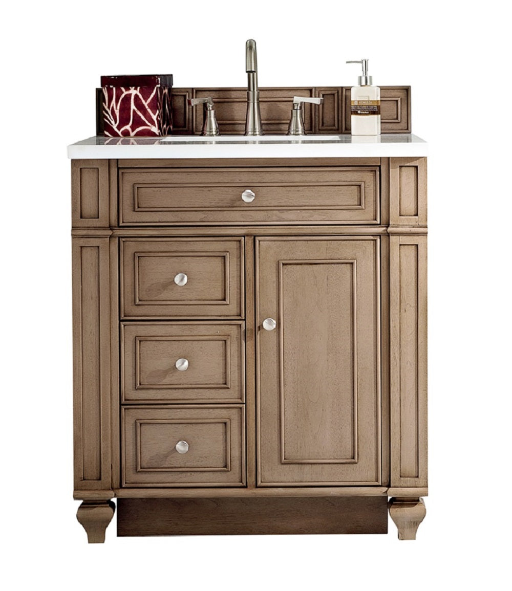 Bristol 30-Inch Single Bathroom Vanity Set - Whitewashed Walnut Finish with 3CM Eternal Jasmine Pearl Quartz Countertop | Perfect for Modern Bathrooms & Powder Rooms