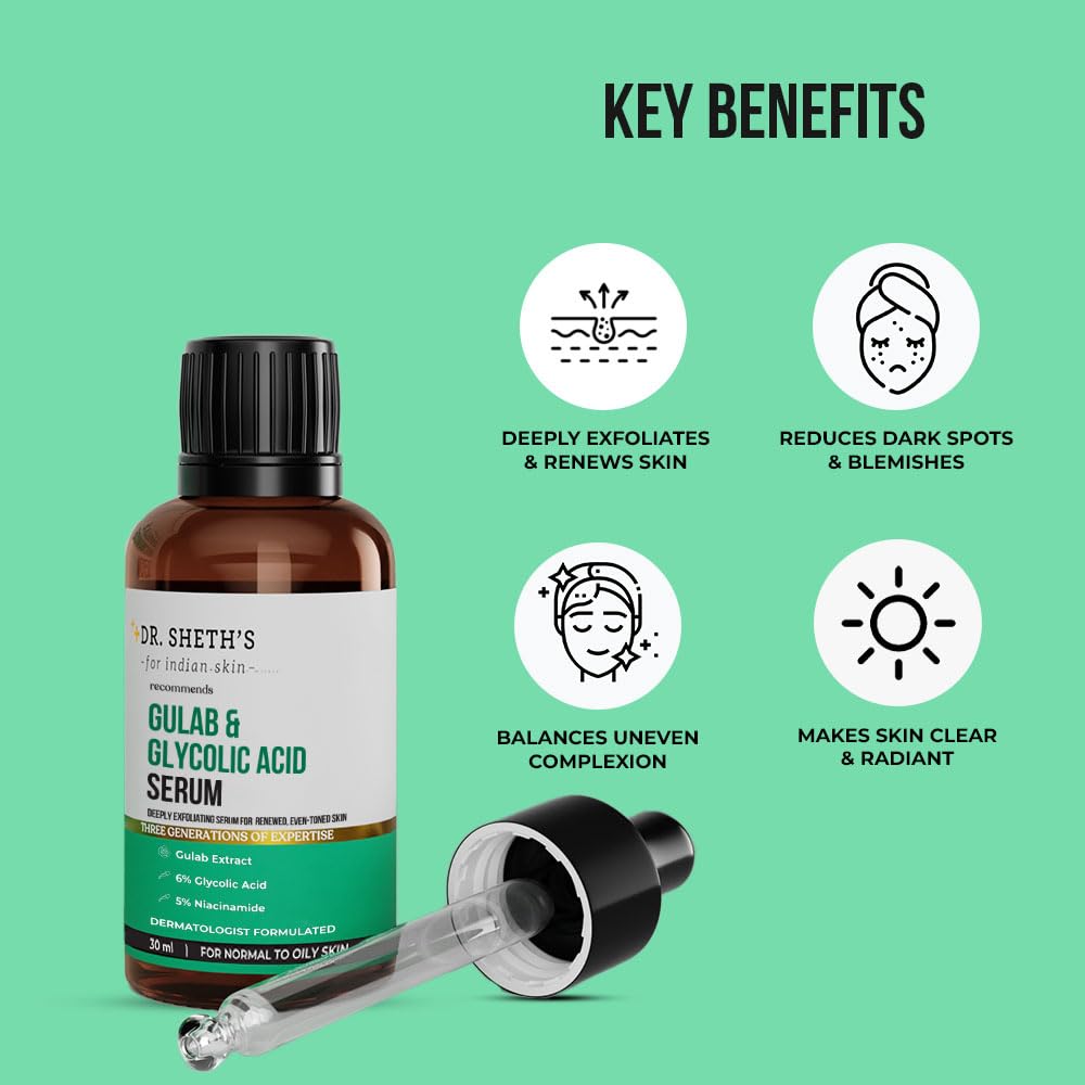 Dr. Sheth's Gulab & 6% Glycolic Acid & 5% Niacinamide Brightening Face Serum for Glowing Skin | Improves Skin Texture & Tone | Best for Normal, Oily & Sensitive Skin | 30ml | Perfect for Daily Skincare Routine & Dark Spot Treatment