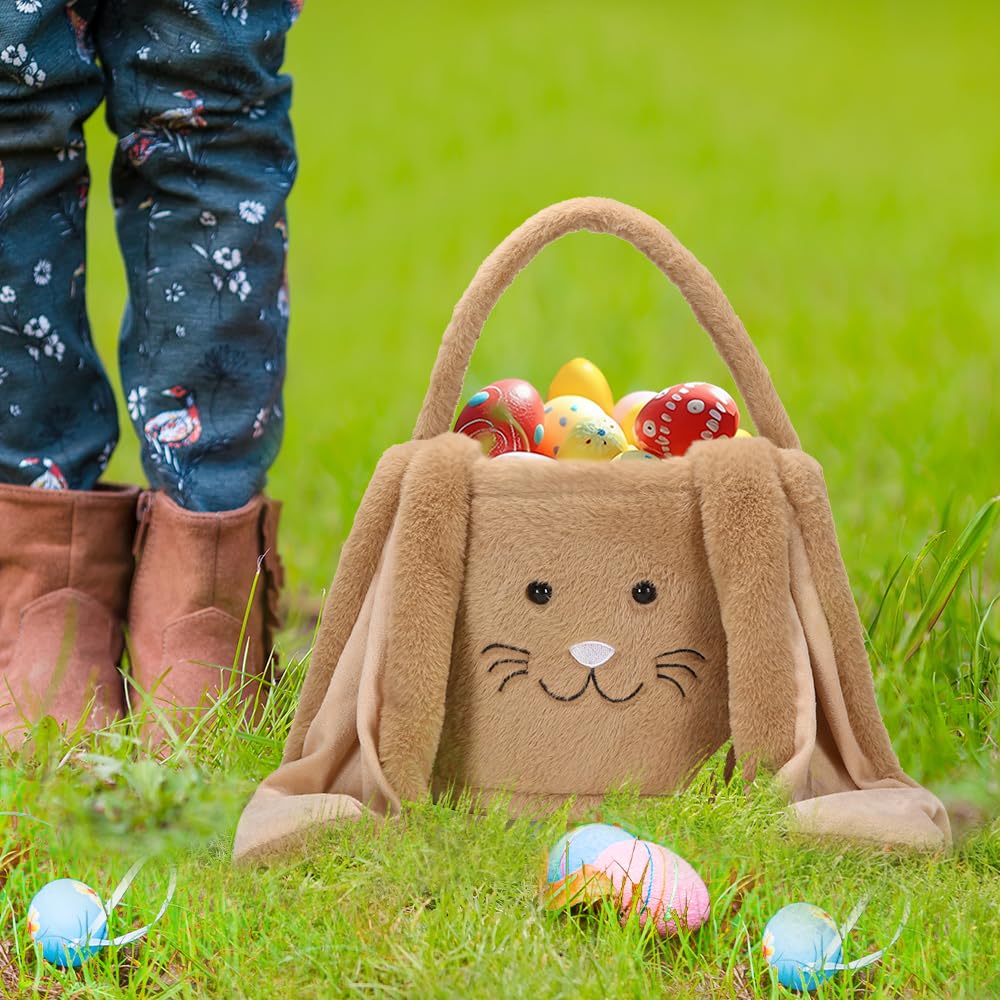 Soft Plush Brown Easter Bunny Basket for Kids - Cute Easter Egg Hunt Tote with Bunny Ears for Candy & Treats - Perfect for Easter Celebrations, Egg Hunts, and Spring Party Favors