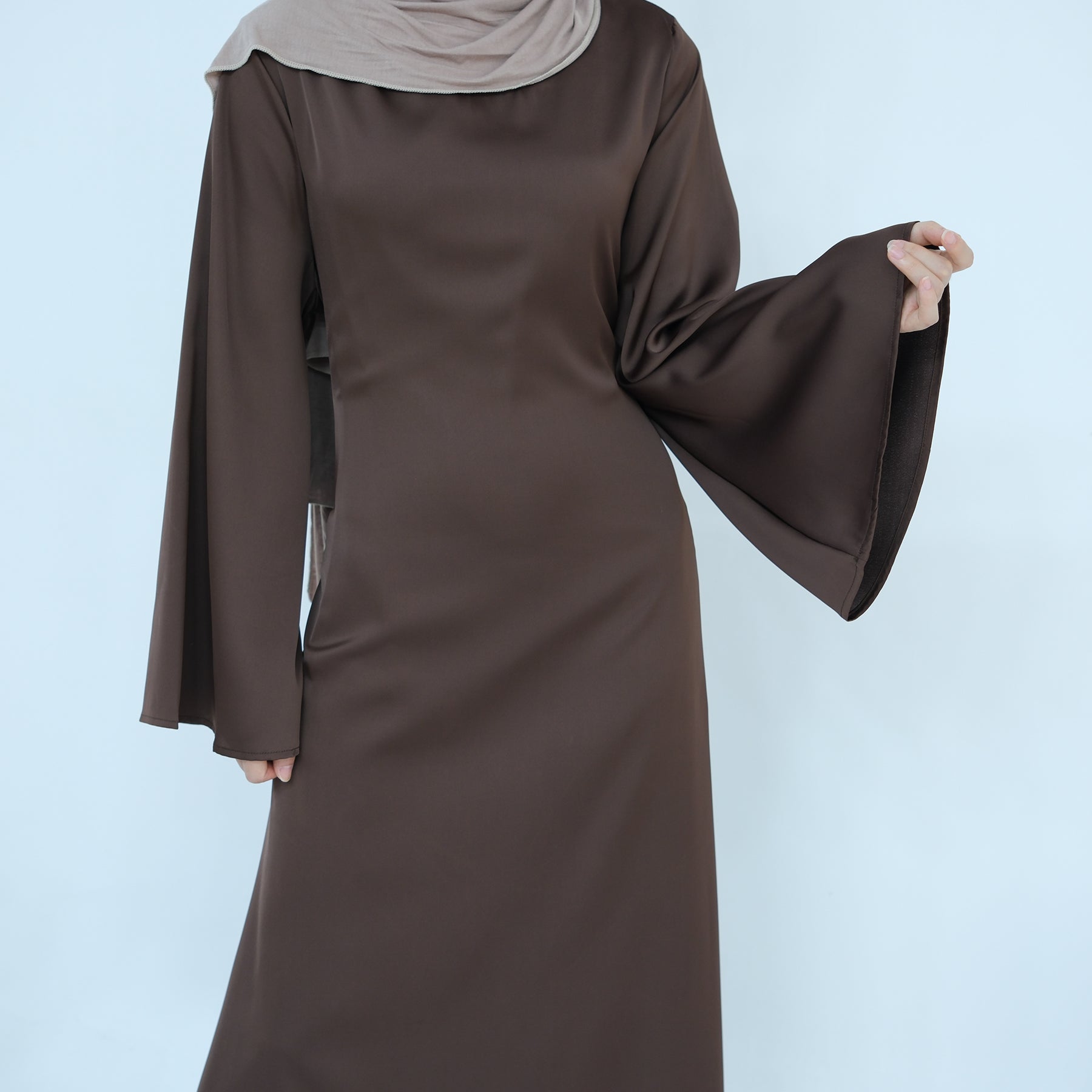Elegant Calista Trumpet Sleeves Satin Dress in Brown - Perfect for Weddings, Parties & Special Occasions