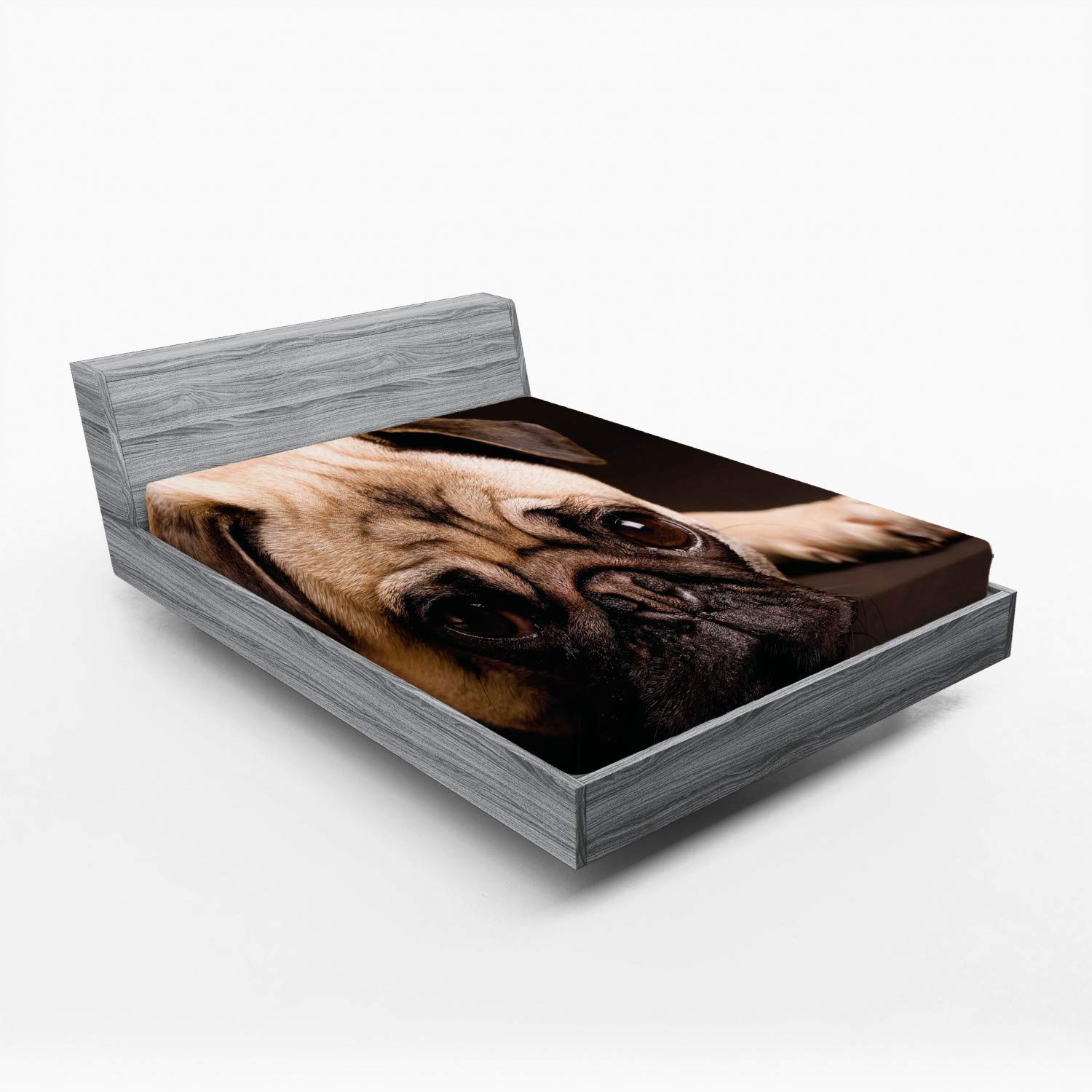 Ambesonne Pug Fitted Sheet - Full Size Brown Pet Bed Cover for Cozy Sleep