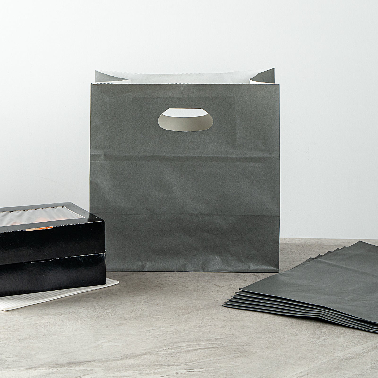 Premium Rectangle Gray Paper Take Out Bags with Handles - 11