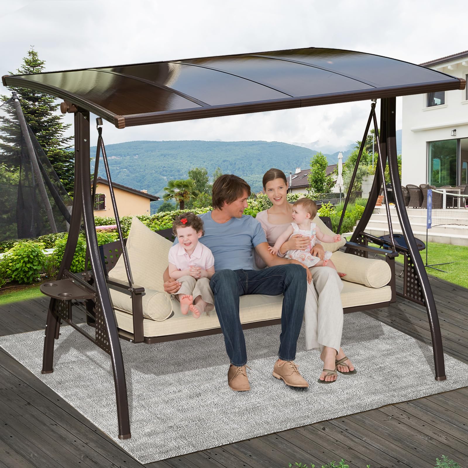 3-Seat Patio Porch Swing with Adjustable Hardtop - Convertible 3-in-1 Outdoor Swing for Adults with Thick Cushion, Pillows & Cup Holders - Perfect for Porch, Backyard, Garden, Deck & Outdoor Relaxation (Beige)