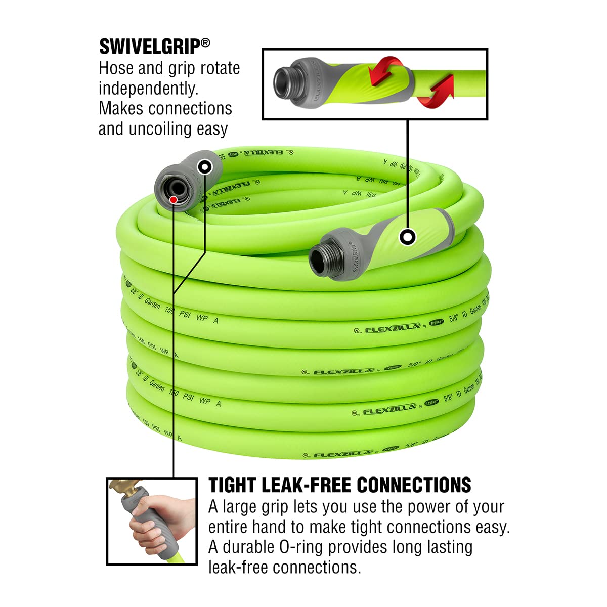 Flexzilla 5/8 in. x 100 ft. Heavy Duty Lightweight Garden Hose with SwivelGrip - Drinking Water Safe, Kink-Free, ZillaGreen (HFZG5100YWS-E) - Perfect for Lawn Care, Gardening, Car Washing & Outdoor Watering