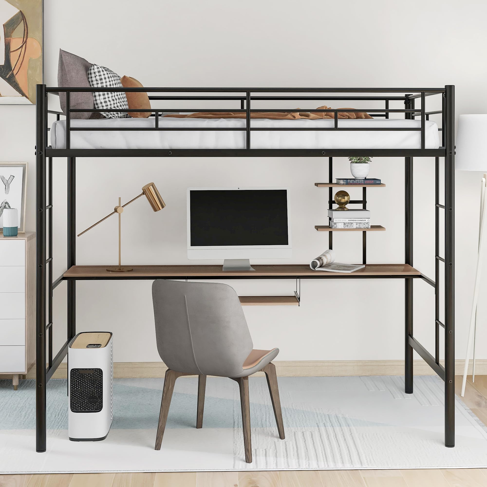 Twin Size Metal Loft Bed with Long Study Desk & Storage Shelves - Sturdy Frame with Full-Length Safety Guardrail & Built-in Ladder - Quiet Noise-Free Design for Teens & Adults - Perfect for Small Bedrooms, Dorms & Studio Apartments