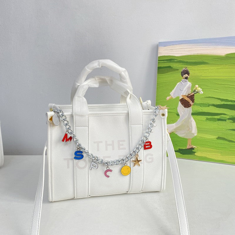 Stylish Letter Chain Tote Bag for Women - Trendy Canvas Shoulder Bag with Metal Chain Strap - Perfect for Shopping, Beach, Work & Daily Use