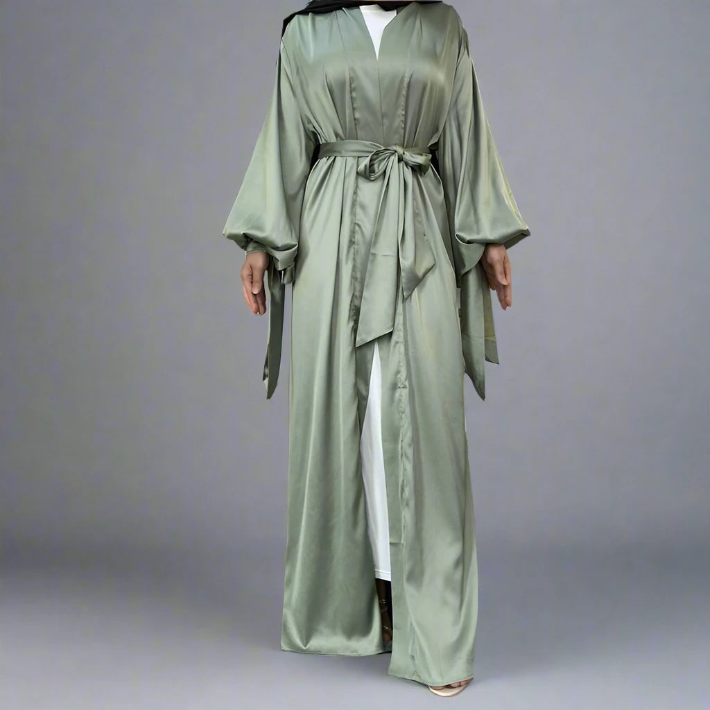 10 Color Options Puff Sleeve Satin Open Abaya Dress for Muslim Women - Elegant Modest Fashion for Prayer, Eid, Wedding & Special Occasions
