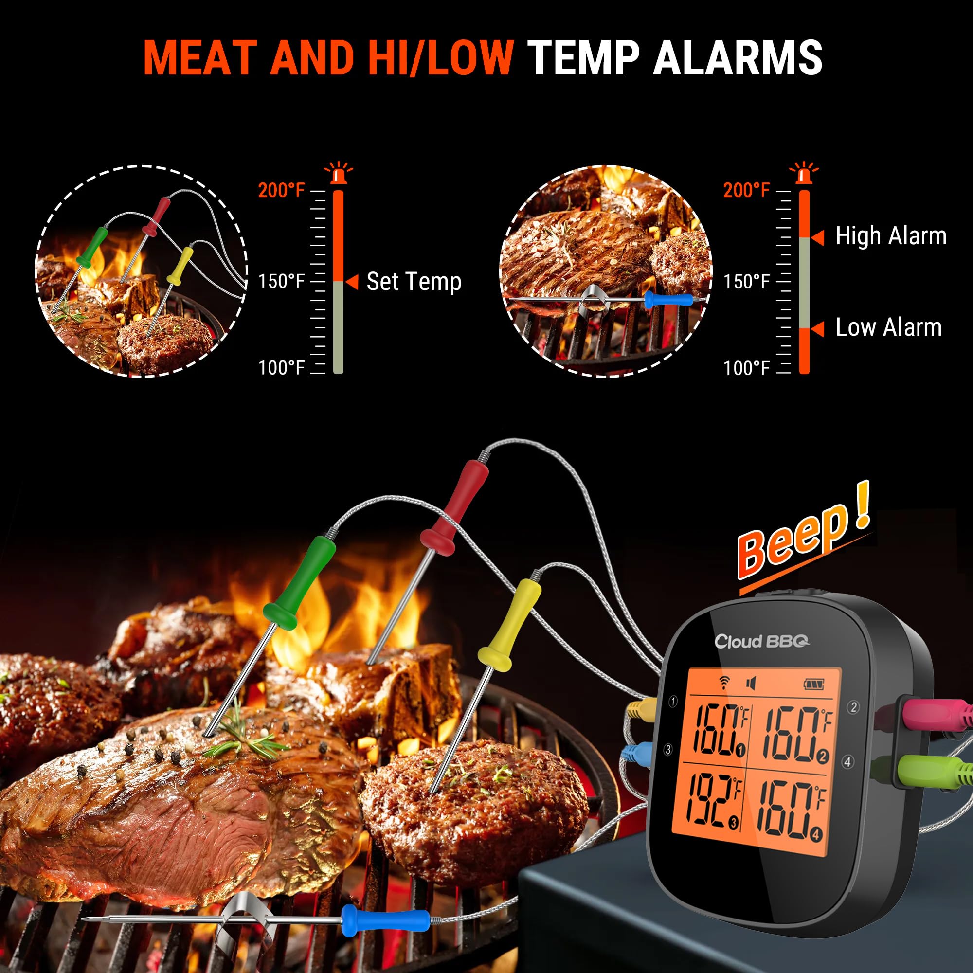 500FT Wireless Bluetooth Meat Thermometer with 4 Probes - Digital Kitchen Cooking Thermometer for Grilling, Smoking, Oven & BBQ - Perfect for Backyard Cookouts, Camping & Home Chefs (FS-52)