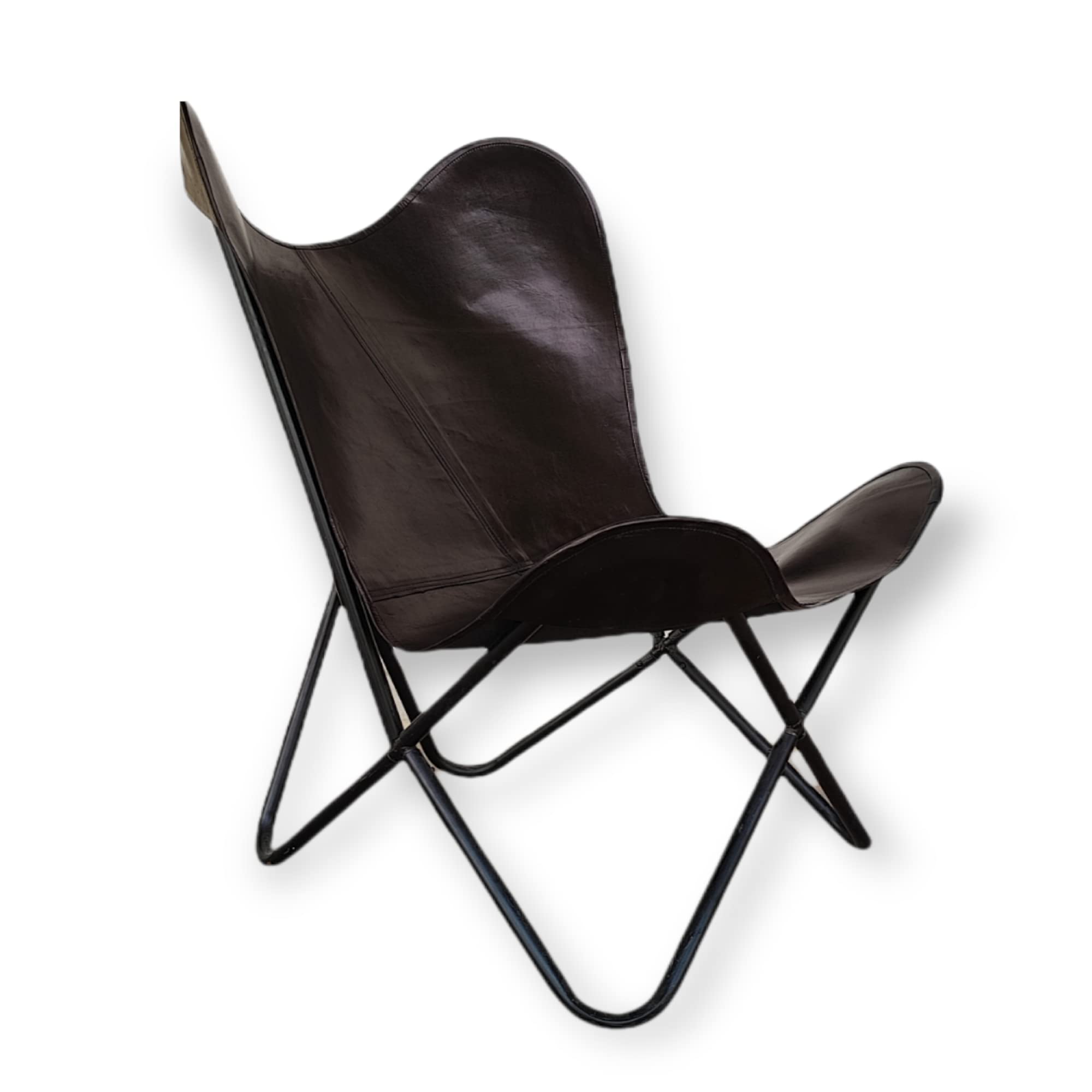GifteQ Brown Leather Butterfly Chair with Foldable Iron Frame - Cow Print Boho Accent Chair for Living Room, Bedroom & Patio - Western Style Home Decor for Relaxing & Lounging (Black)
