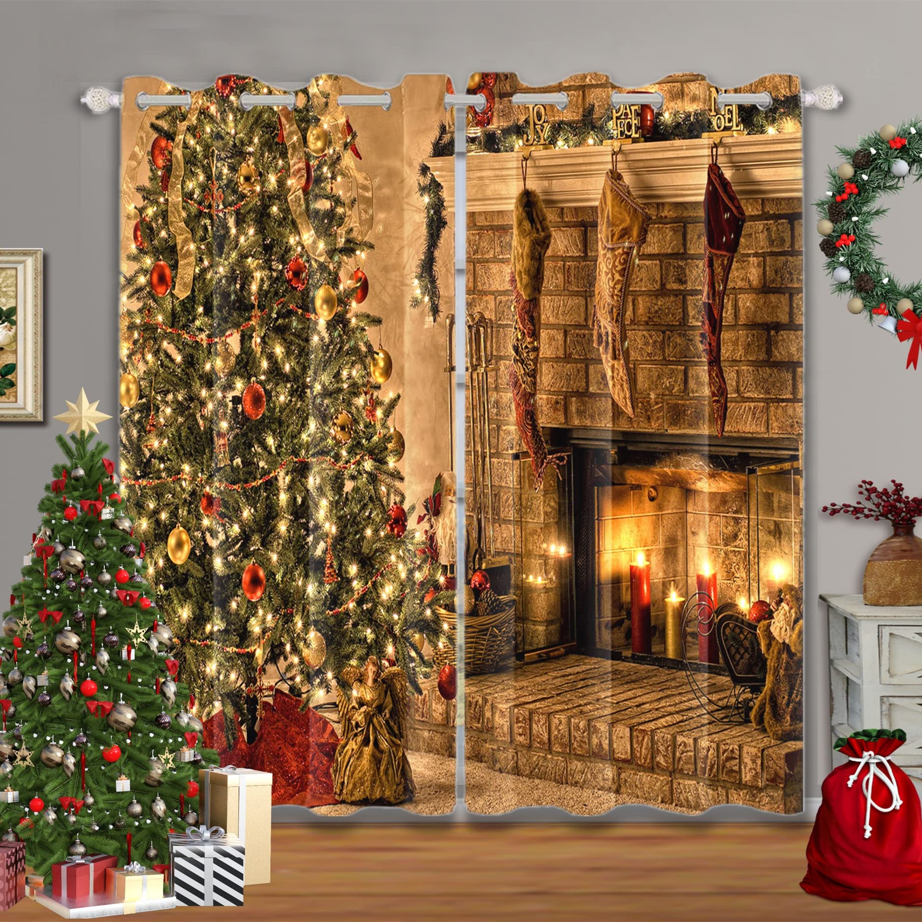 Blackout Thermal Insulated Grommet Curtains Set of 2 Panels - 42x84 Inches, Christmas Tree & Fireplace Design for Bedroom & Living Room | Perfect for Holiday Decor, Light Blocking & Energy Saving