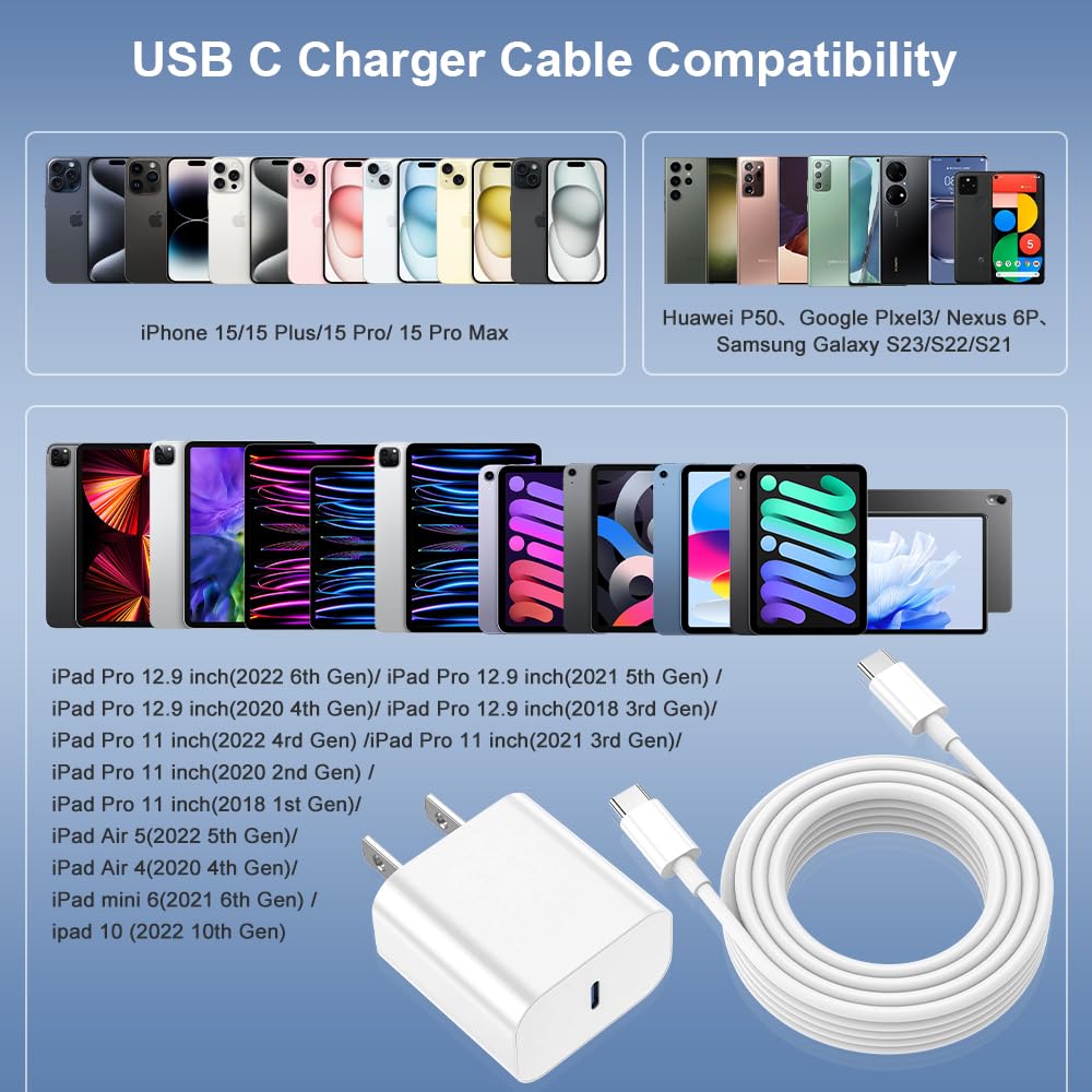 MFi Certified USB C Fast Charger 3 Pack - 6FT iPhone 15 Charger Compatible with iPhone 15 Pro/Pro Max, iPad Pro, iPad Mini - Fast Charging Cable for Home, Office & Travel (White)