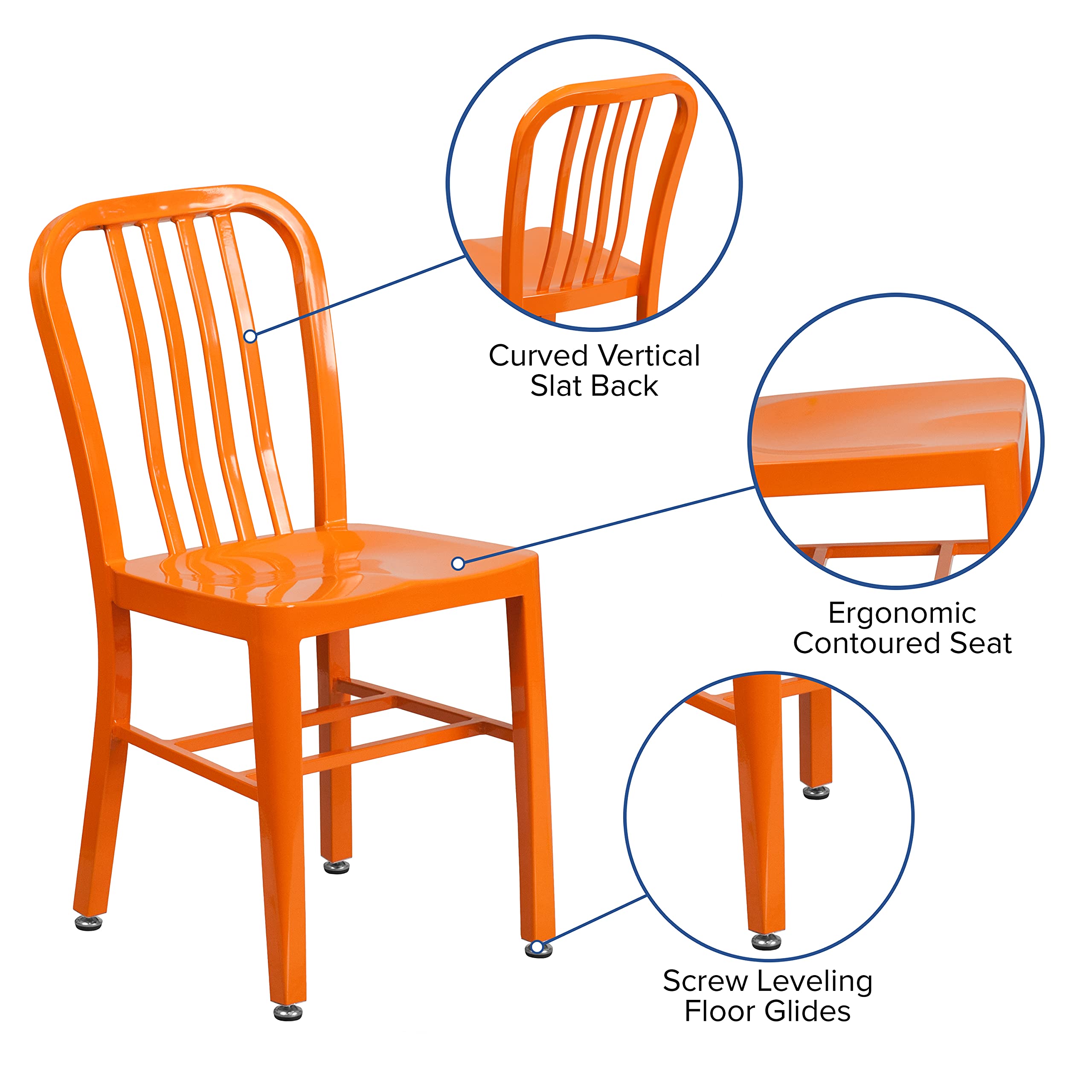2 Pack Orange Metal Indoor-Outdoor Dining Chairs - Sturdy Kitchen & Restaurant Seating - Perfect for Patio, Cafe, Bistro & Home Decor