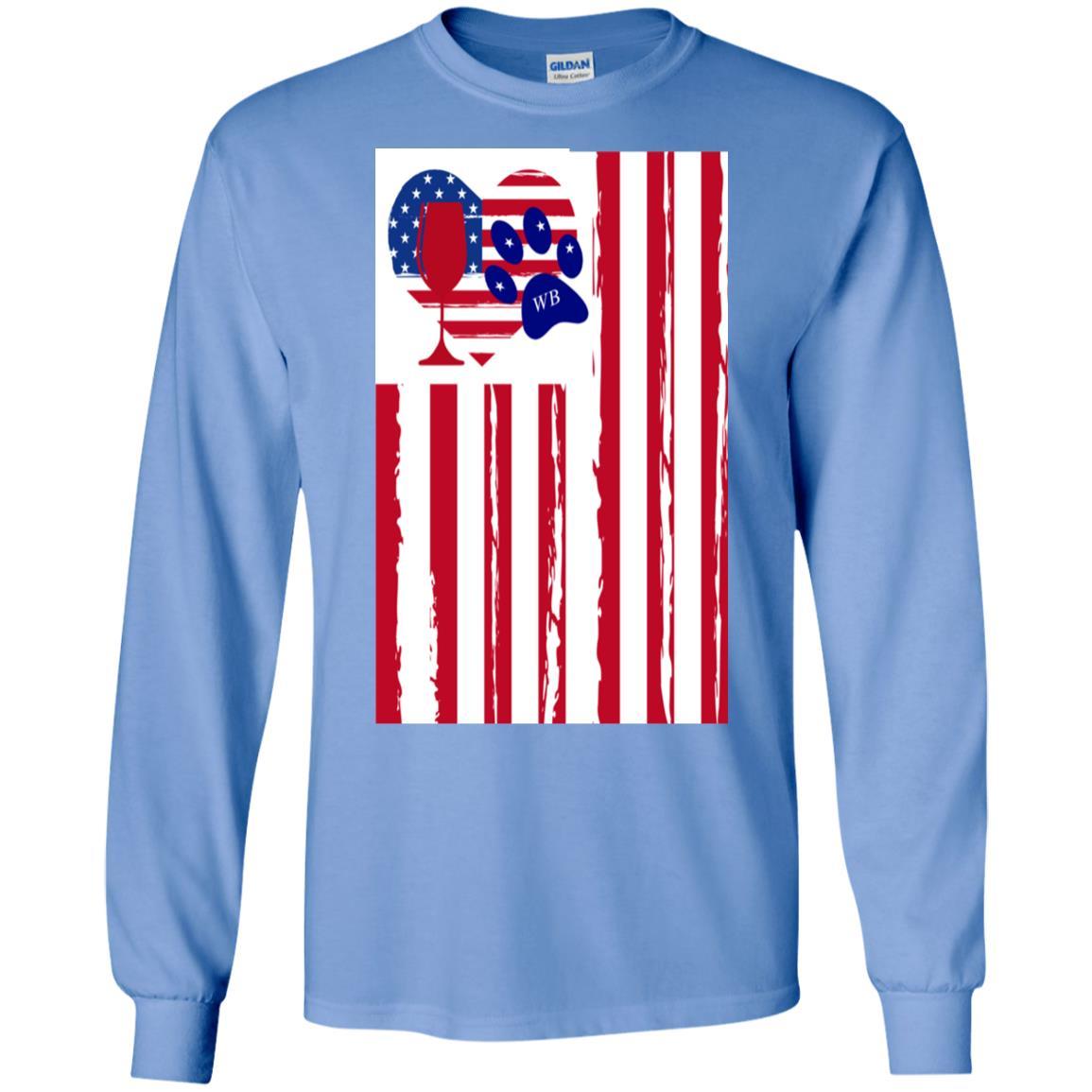WineyBitches.Co Patriotic American Flag Wine Paw Heart Long Sleeve Ultra Soft Cotton T-Shirt for Women | Perfect for Wine Lovers, 4th of July & Pet-Themed Parties