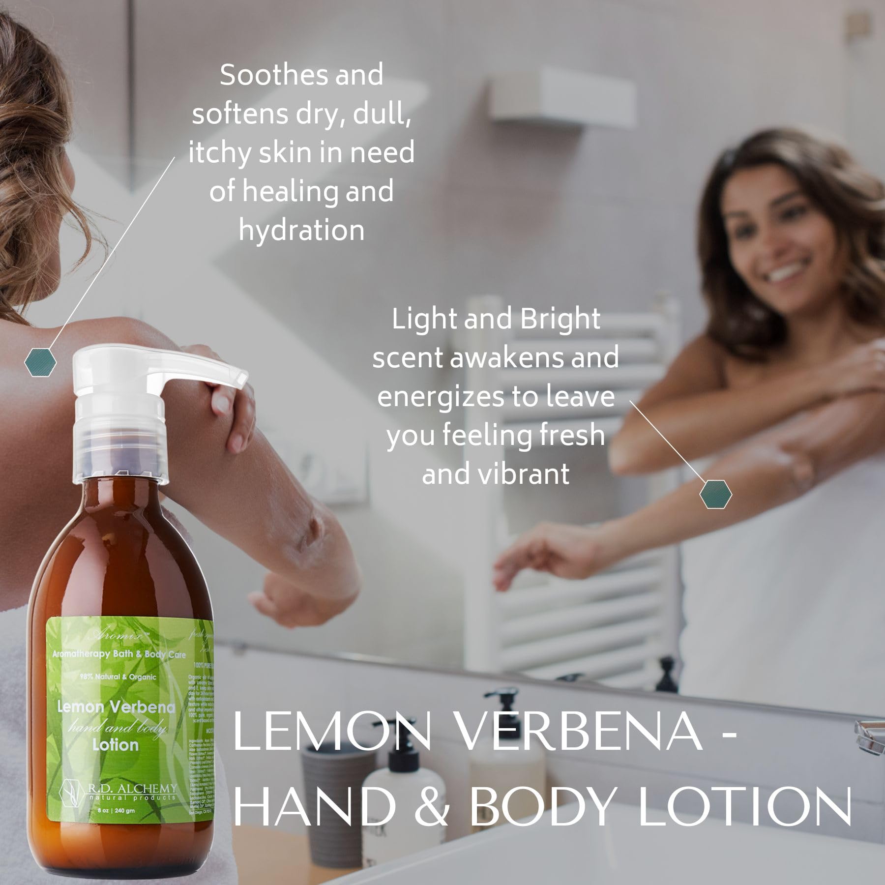 RD Alchemy - 98% Natural & Organic Lemon Verbena Hand and Body Lotion - Light Refreshing Scent for Hydration & Soothing Dry Skin - Perfect for Morning Routine, Spa Days & Gift Sets