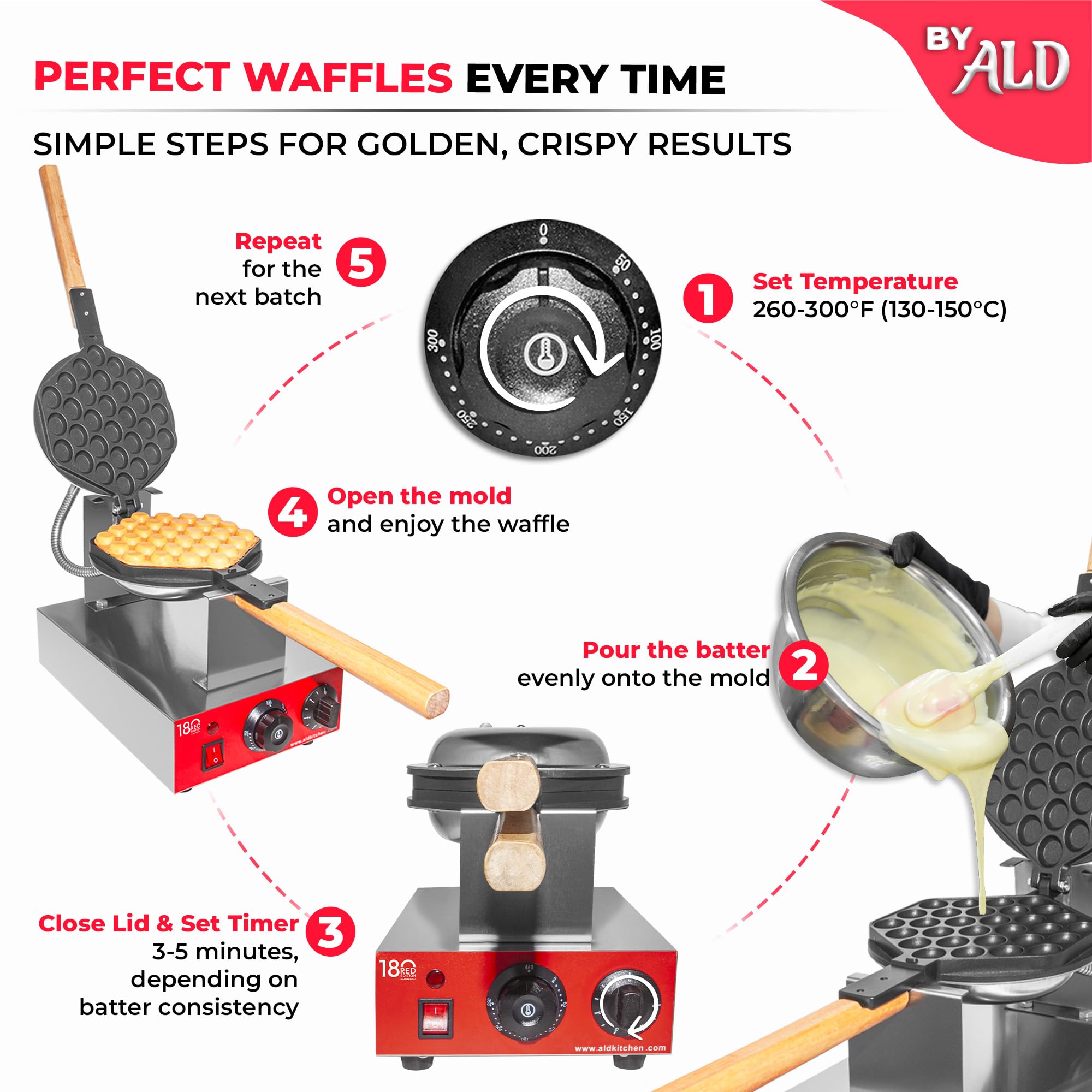 ALDKitchen Electric Bubble Waffle Maker with Nonstick Coating - 1-Head Egg Waffle Iron for Hong Kong Style Desserts, Breakfast & Party Snacks