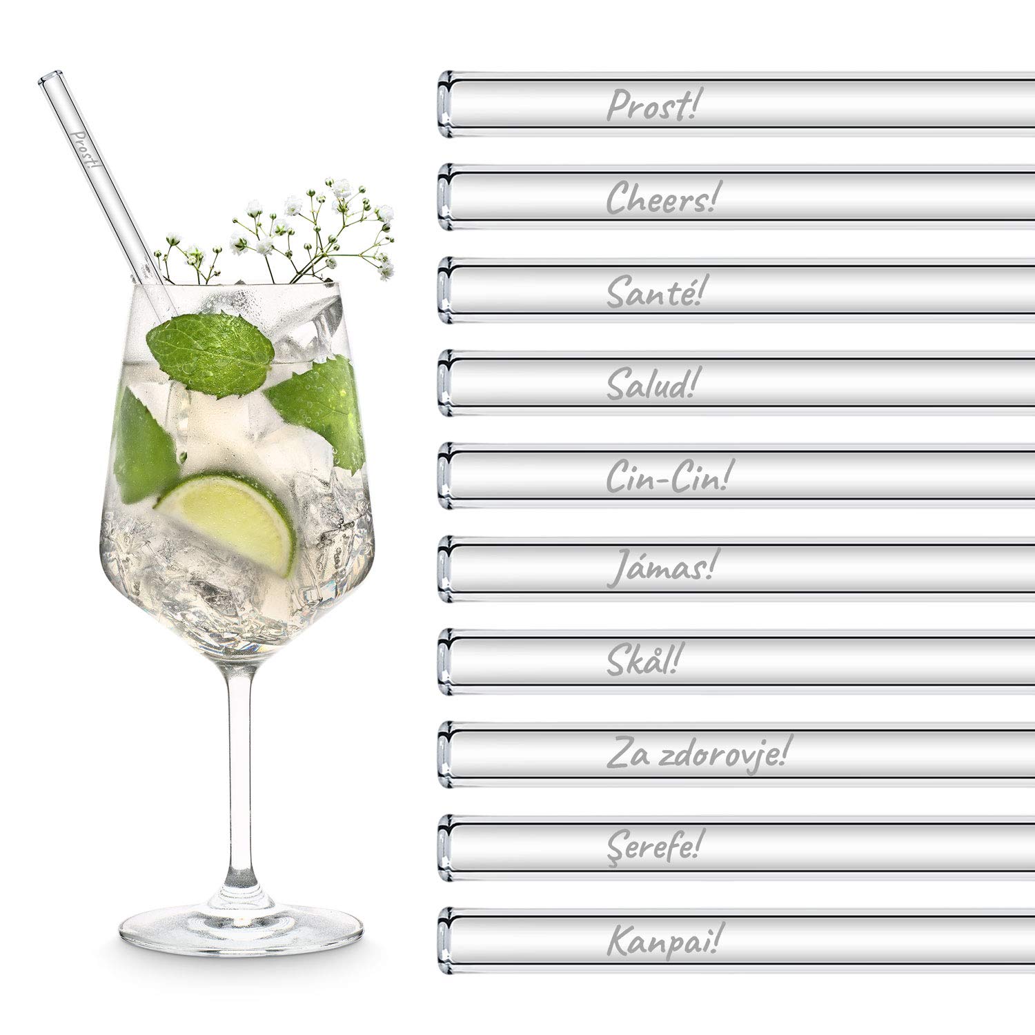 20-Pack Engraved Glass Straws - 20cm Reusable Drinking Straws with 