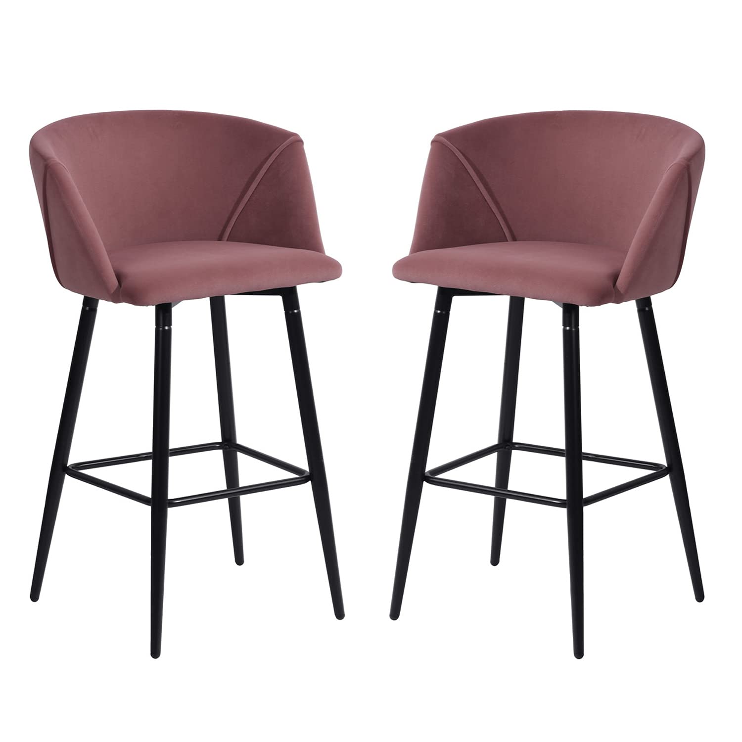Modern 28 Inch Bar Stools Set of 2 - Rose Velvet Upholstered Kitchen Stools with Back & Metal Frame - Perfect for Kitchen Island, Breakfast Bar & Home Decor