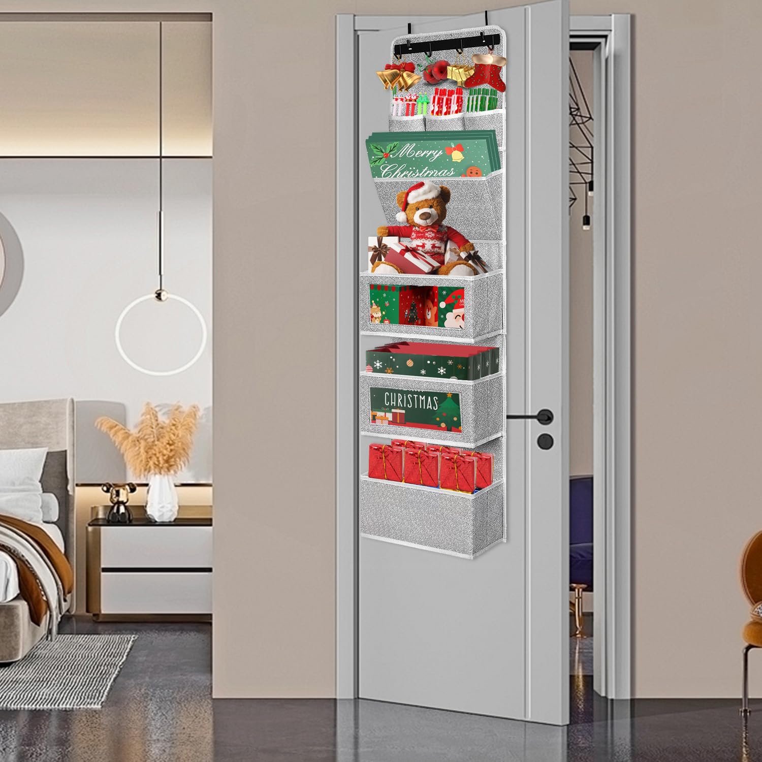 VICTORICH All-in-One Over the Door Organizer with Clear Pockets - Space Saving Hanging Storage for Bedroom, Bathroom & Office - Multi-Purpose Wall File & Shoe Organizer (New Grey)
