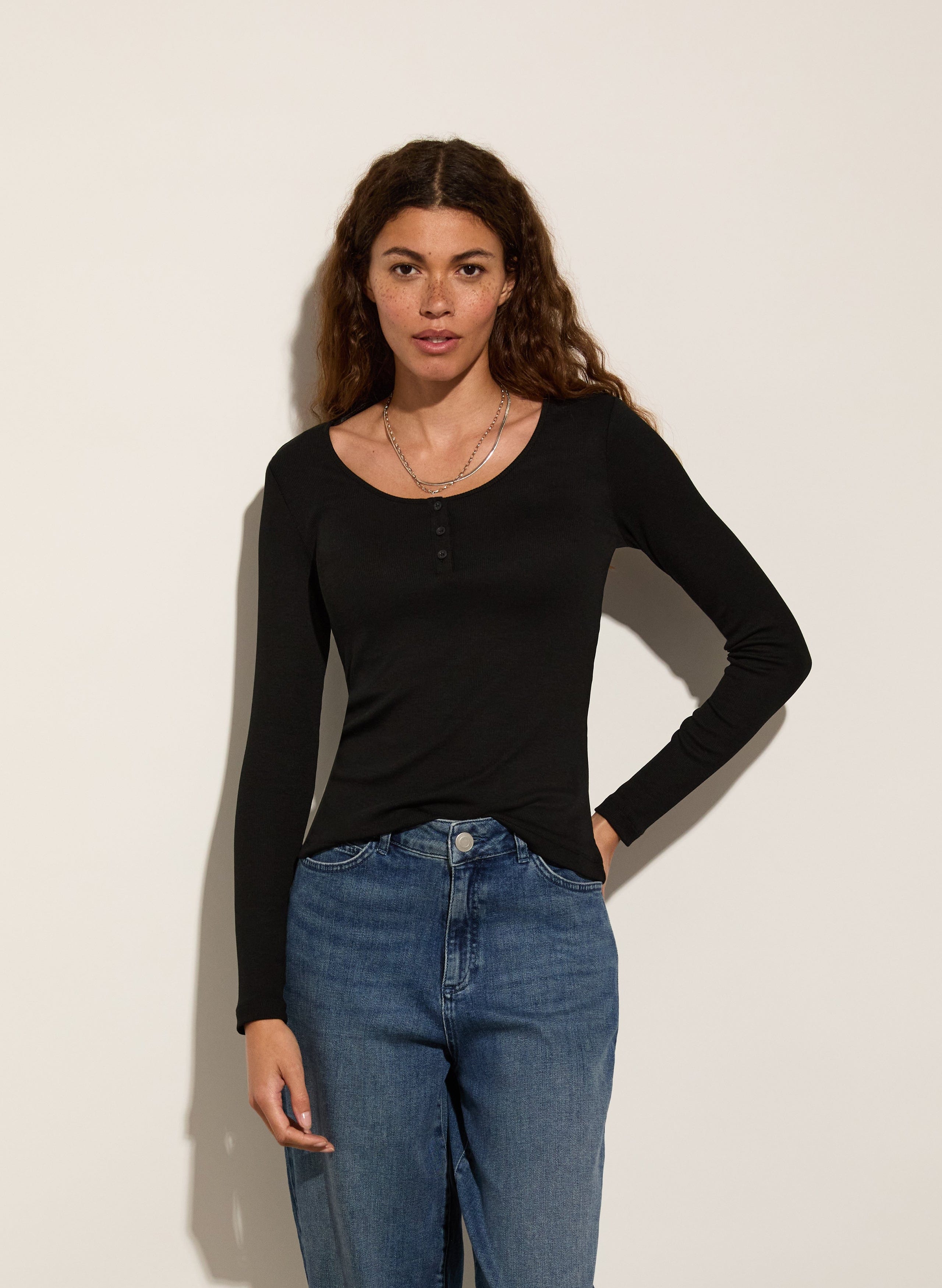 Jamie TENCEL™ Henley Top for Women - Soft Breathable Casual Shirt in Caviar Black | Perfect for Everyday Wear, Layering & Office Outfits