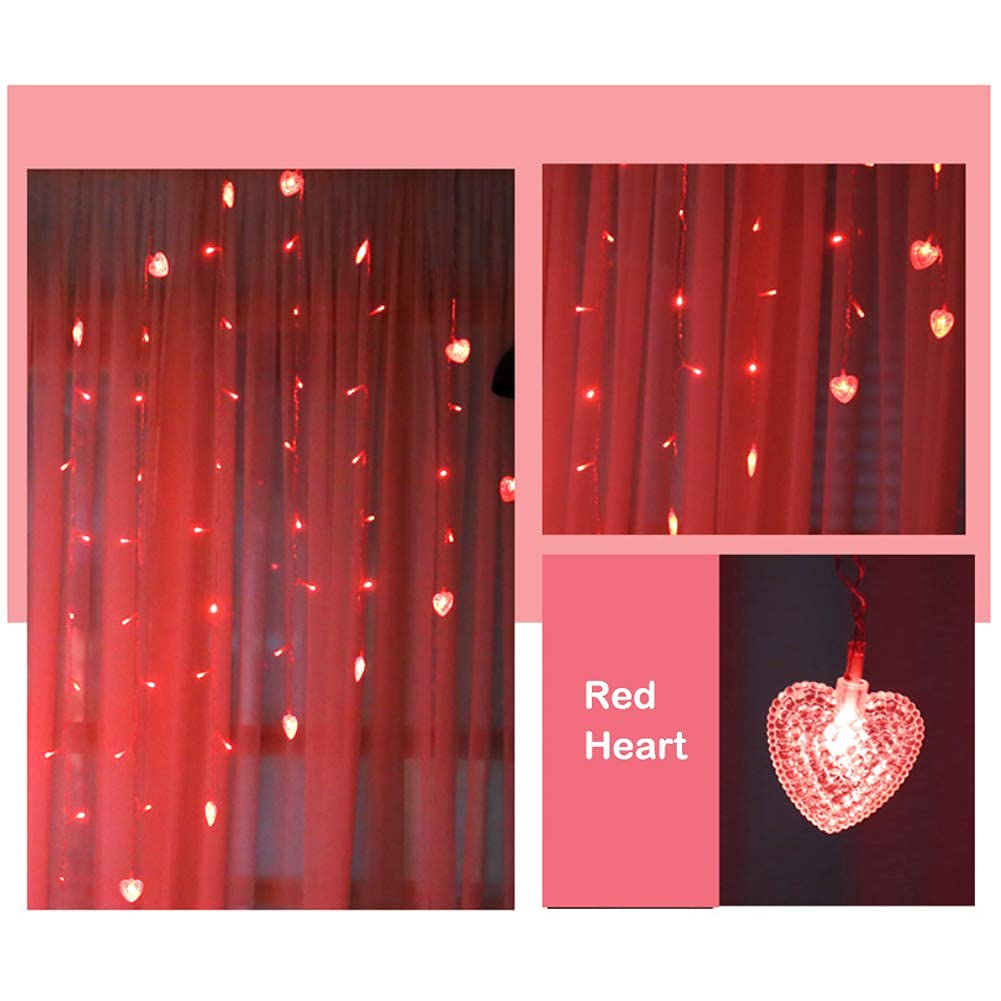 128 LED Heart Shaped Curtain Lights with Remote Control - 8 Lighting Modes, USB Powered Red Icicle Fairy String Lights for Outdoor & Indoor Use (6.6 x 4.9 ft) - Perfect for Bedroom, Patio, Wedding, Party, Christmas, and Holiday Decorations