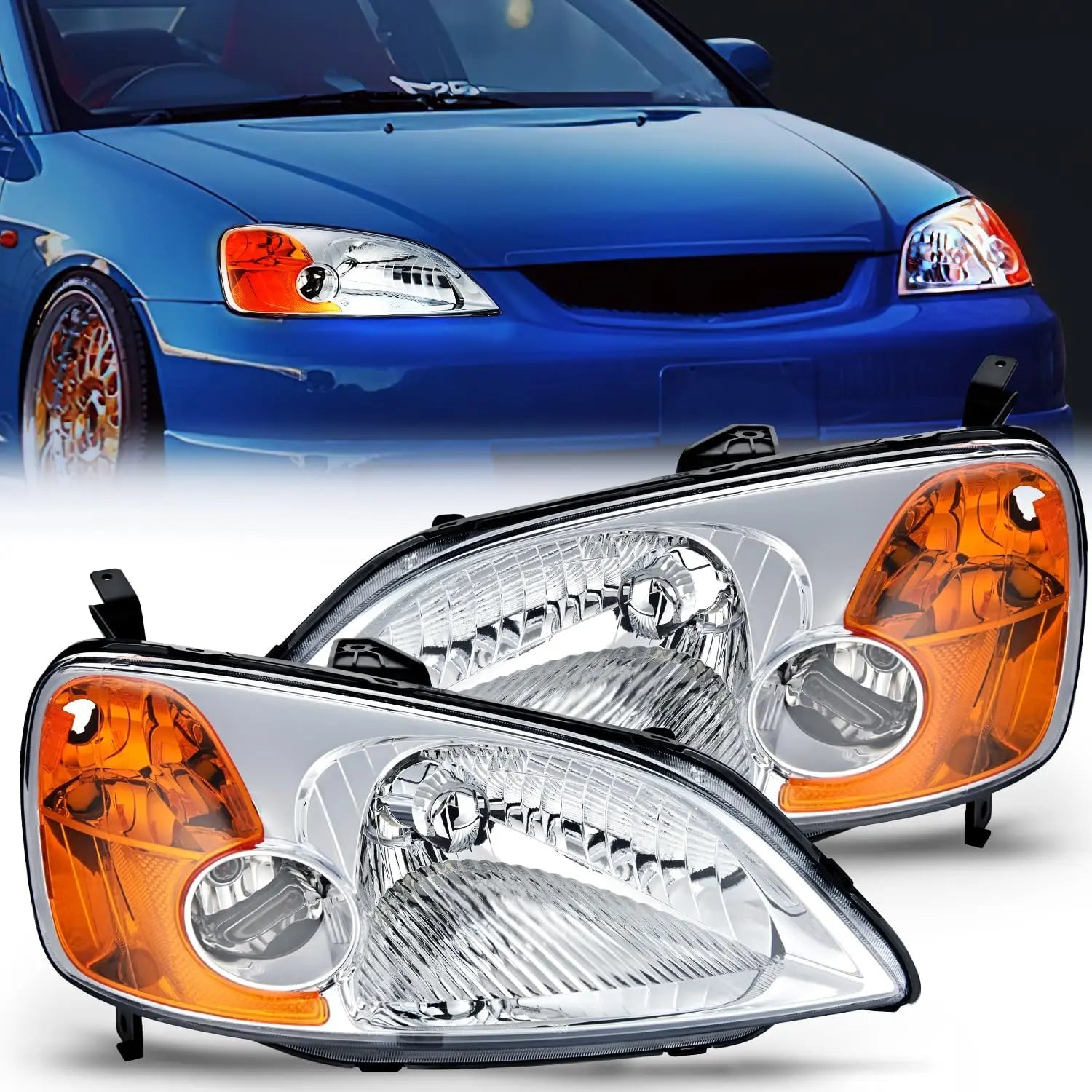2001-2003 Honda Civic Headlight Assembly - Chrome Housing with Amber Reflector & Clear Lens - Replacement for Daily Driving & Night Visibility