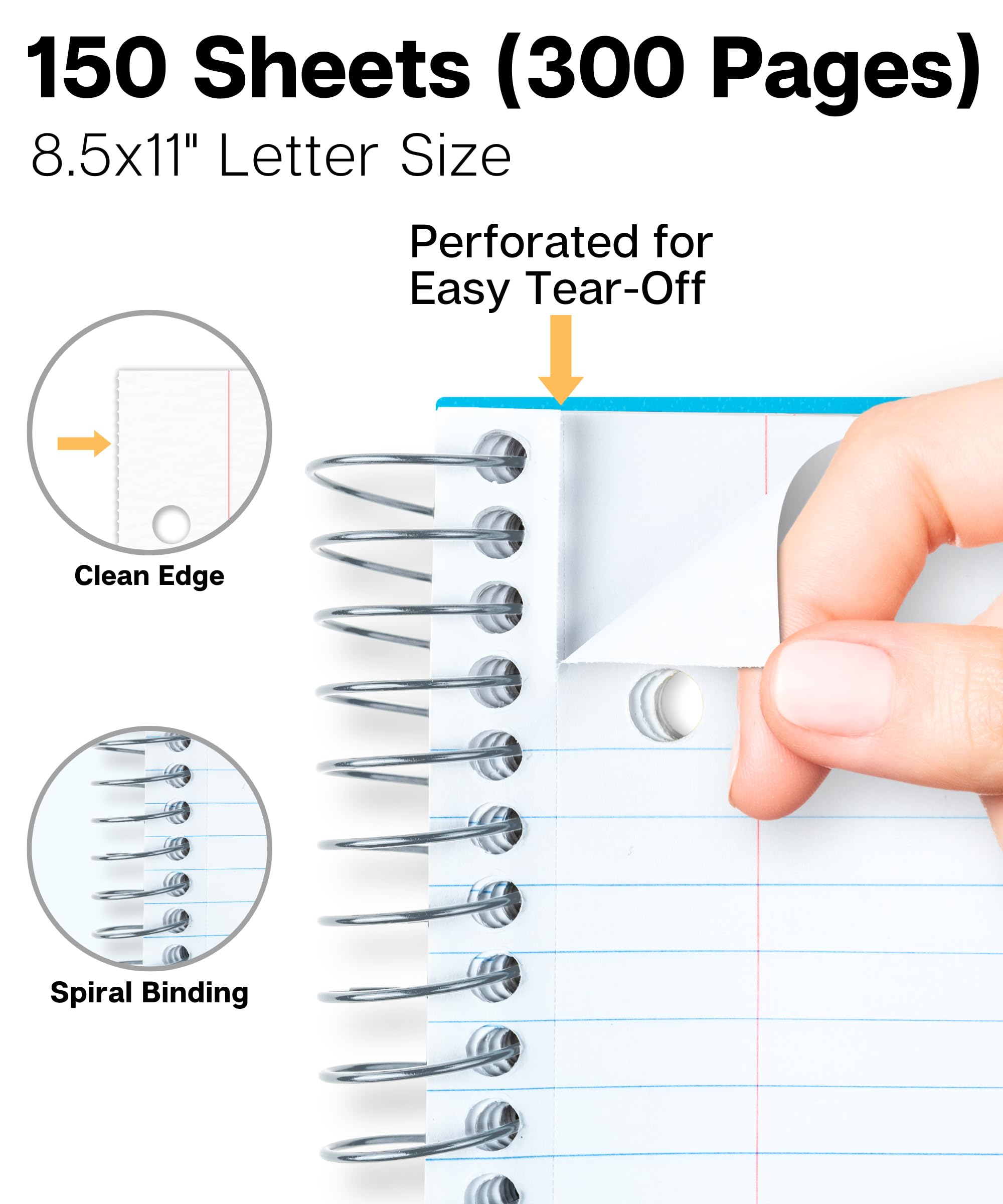 Dunwell 3 Subject Spiral Notebook - College Ruled, 150 Sheets (300 Pages), 8.5 x 11 Inches, Durable Plastic Cover, 3 Pocket Dividers & 3-Hole Punched Paper - Perfect for School, Office & Note Taking