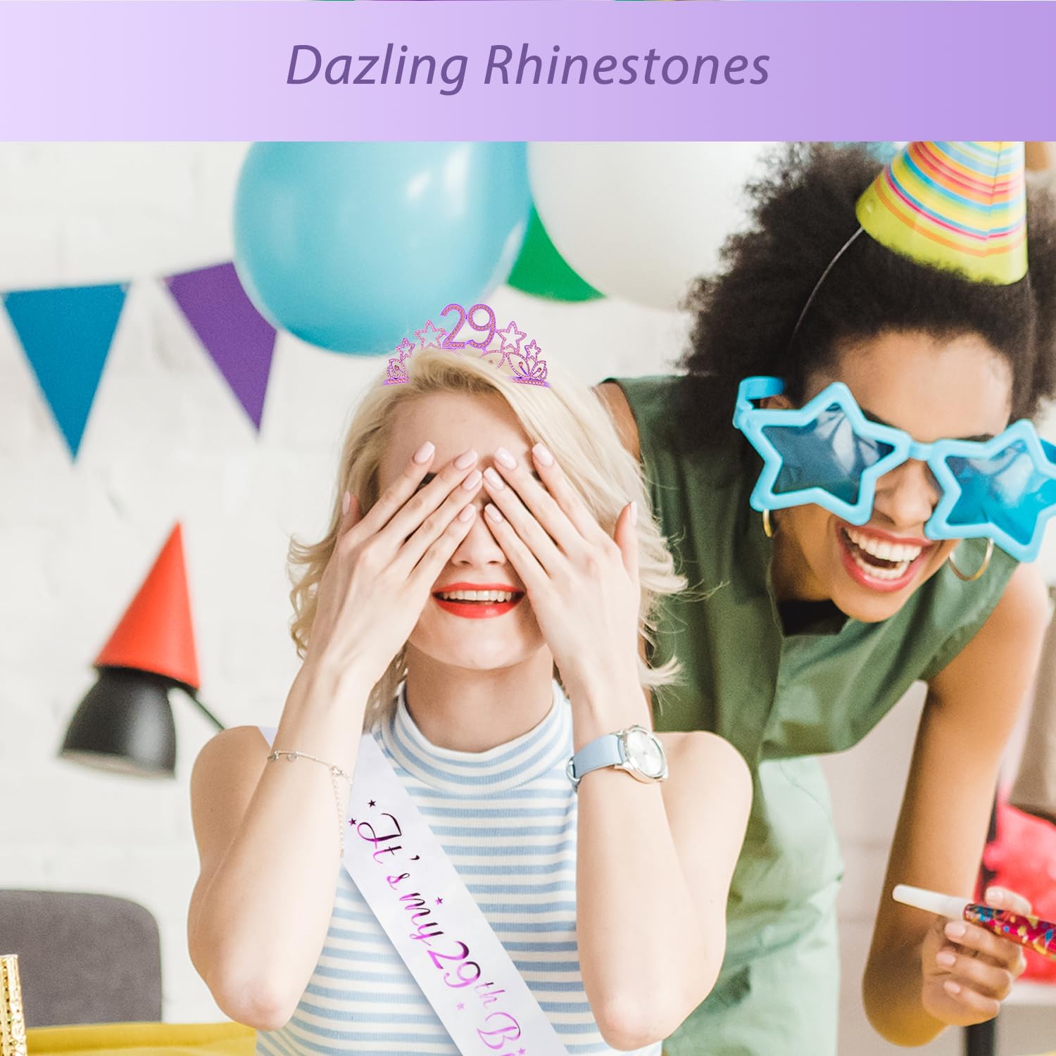MEANT2TOBE 29th Birthday Sash & Tiara Set for Women - Sparkling Glitter Sash with Rhinestone Stars & Elegant Purple Metal Tiara | Perfect 29th Birthday Gift for Parties, Bachelorette, Girls Night Out & Special Celebrations
