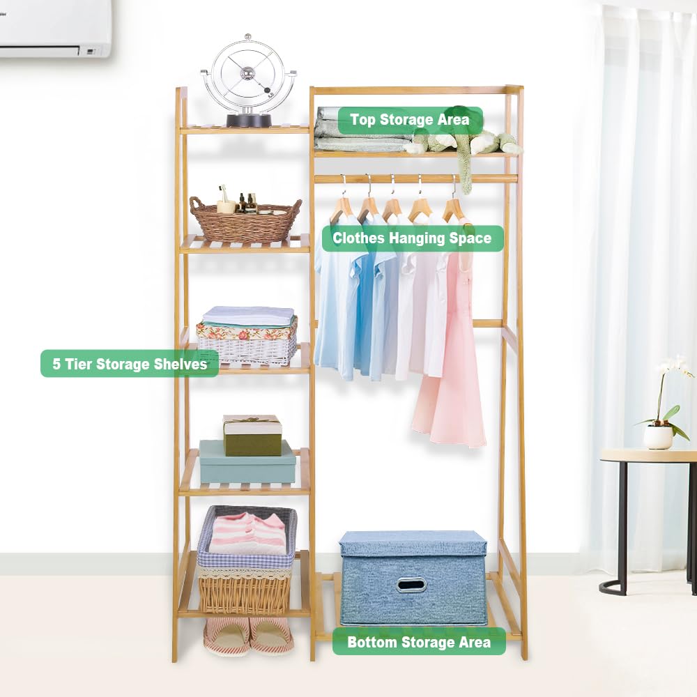 Ufine 7-Tier Bamboo Garment Rack - Heavy Duty Clothing Storage Shelves & Hanging Organizer | Minimalist Wardrobe Solution for Bedroom, Closet & Laundry Room Organization
