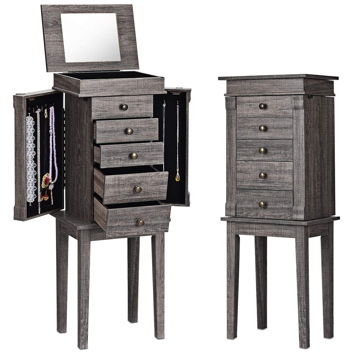 Standing Jewelry Armoire Cabinet with Flip Top Mirror - 5 Drawers, 2 Doors & 8 Necklace Hooks - Jewelry Storage Organizer for Earrings, Necklaces, Bracelets - Makeup Vanity Dresser - Perfect Gift for Women & Girls (Gray) - Ideal for Bedroom, Closet or Dressing Room Organization
