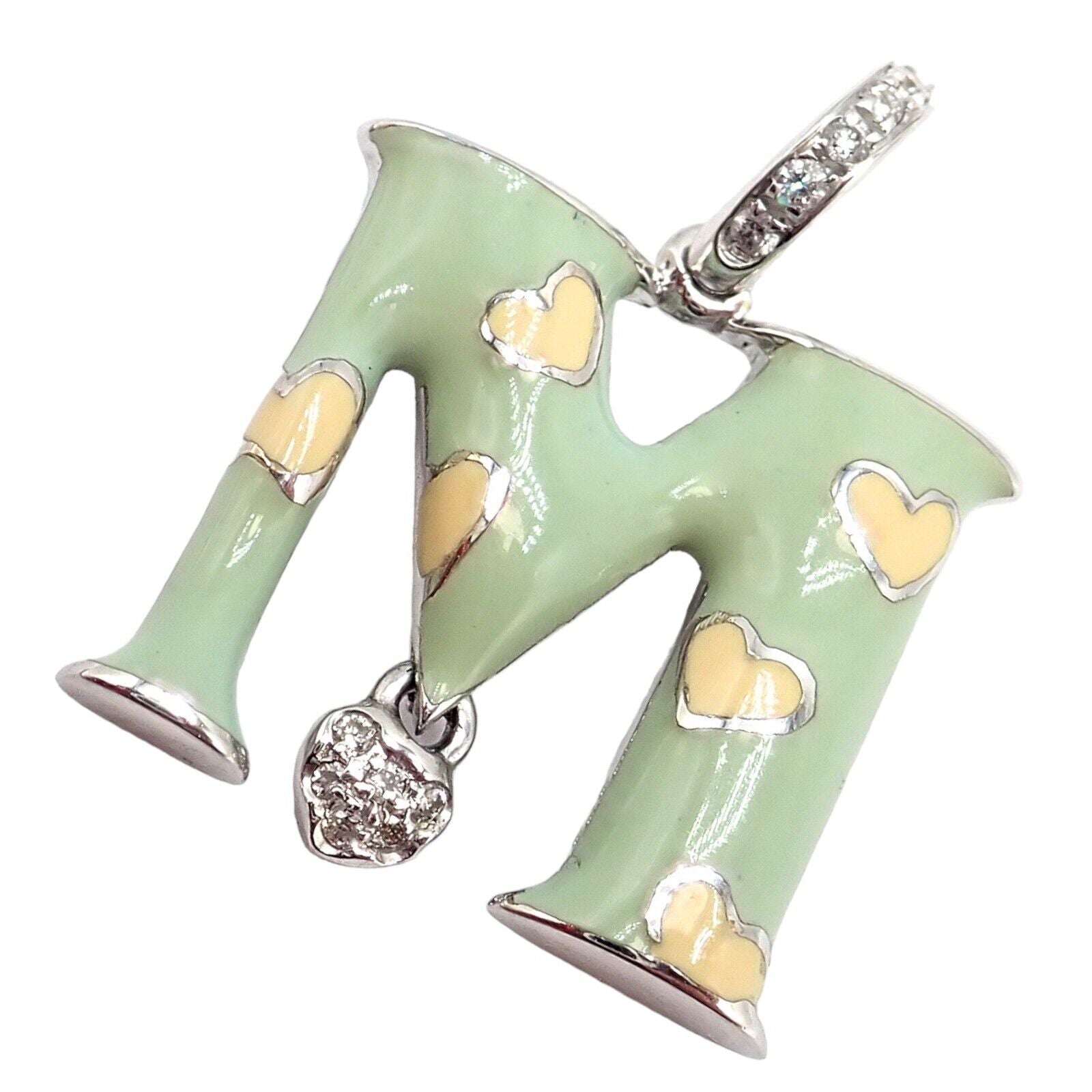 Aaron Basha 18k White Gold Diamond Green Enamel Baby M Initial Charm Pendant - Elegant Personalized Jewelry Gift for Newborns, Christening & Baby Showers